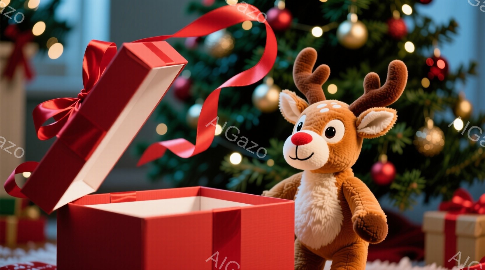 赤いギフトボックスから可愛らしい茶色のトナカイのぬいぐるみが顔を出しています。トナカイは白いお腹と短い角を持ち、小さな赤い鼻と優しい表情をしています。背景には、キラキラと輝くオーナメントで飾られたクリ - AI生成フリー素材
