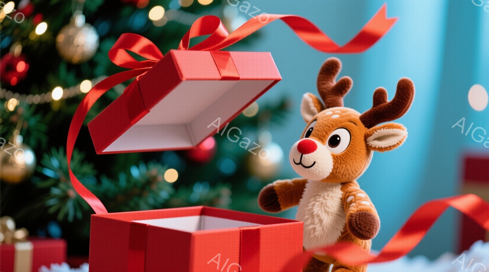 ぬいぐるみで作られた可愛らしいトナカイが、赤いギフトボックスから顔を出しています。トナカイは茶色と白の毛並みで、赤い鼻と大きな瞳が特徴的で、楽しそうな表情をしています。背景にはクリスマスツリーのぼんや - AI生成フリー素材