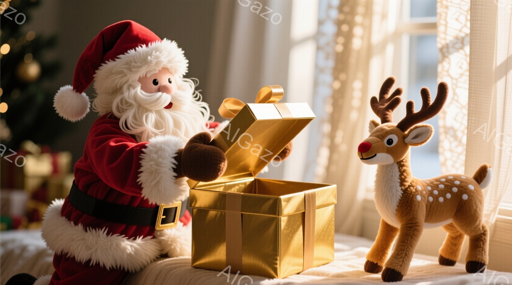 こちら画像の説明です。 サンタクロースは赤い衣装と白いひげをたくわえ、プレゼントの入った金色の箱を開けようとしています。隣には可愛らしいトナカイのぬいぐるみがあり、背景にはぼんやりとクリスマスツリーが見え、明るい光が差し込む窓辺で温かい雰囲気を醸し出しています。全体的に、クリスマスシーズンの喜びと優しさを感じさせる、心温まる光景です。