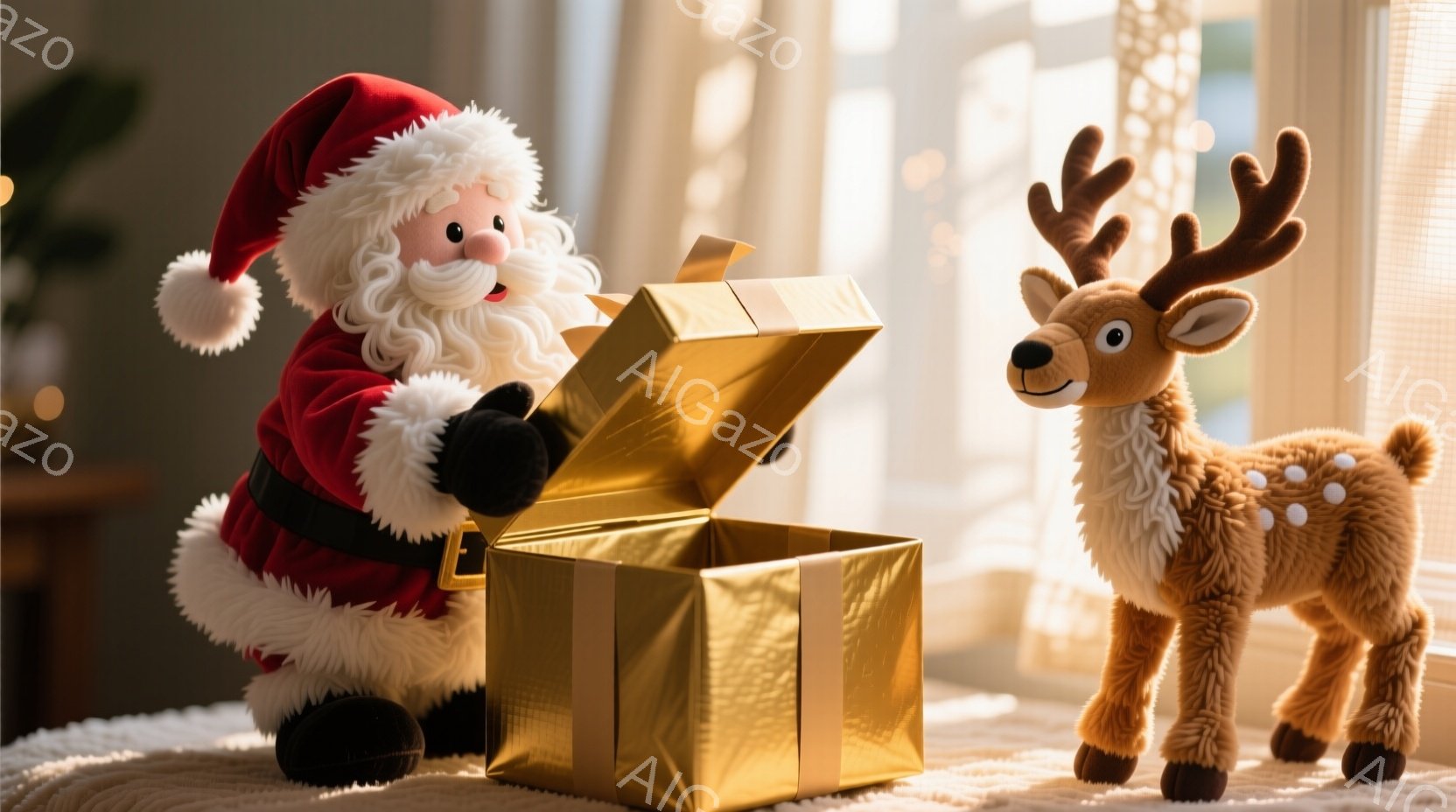 毛むくじゃらのサンタクロースの人形が、きらびやかな金のギフトボックスを開けようとしています。その隣には、愛らしい角を持つトナカイのぬいぐるみがあり、温かい光が差し込む窓のそばに置かれています。全体的に、このシーンはホリデーシーズンにふさわしい、暖かく、魅力的な雰囲気を醸し出しています。