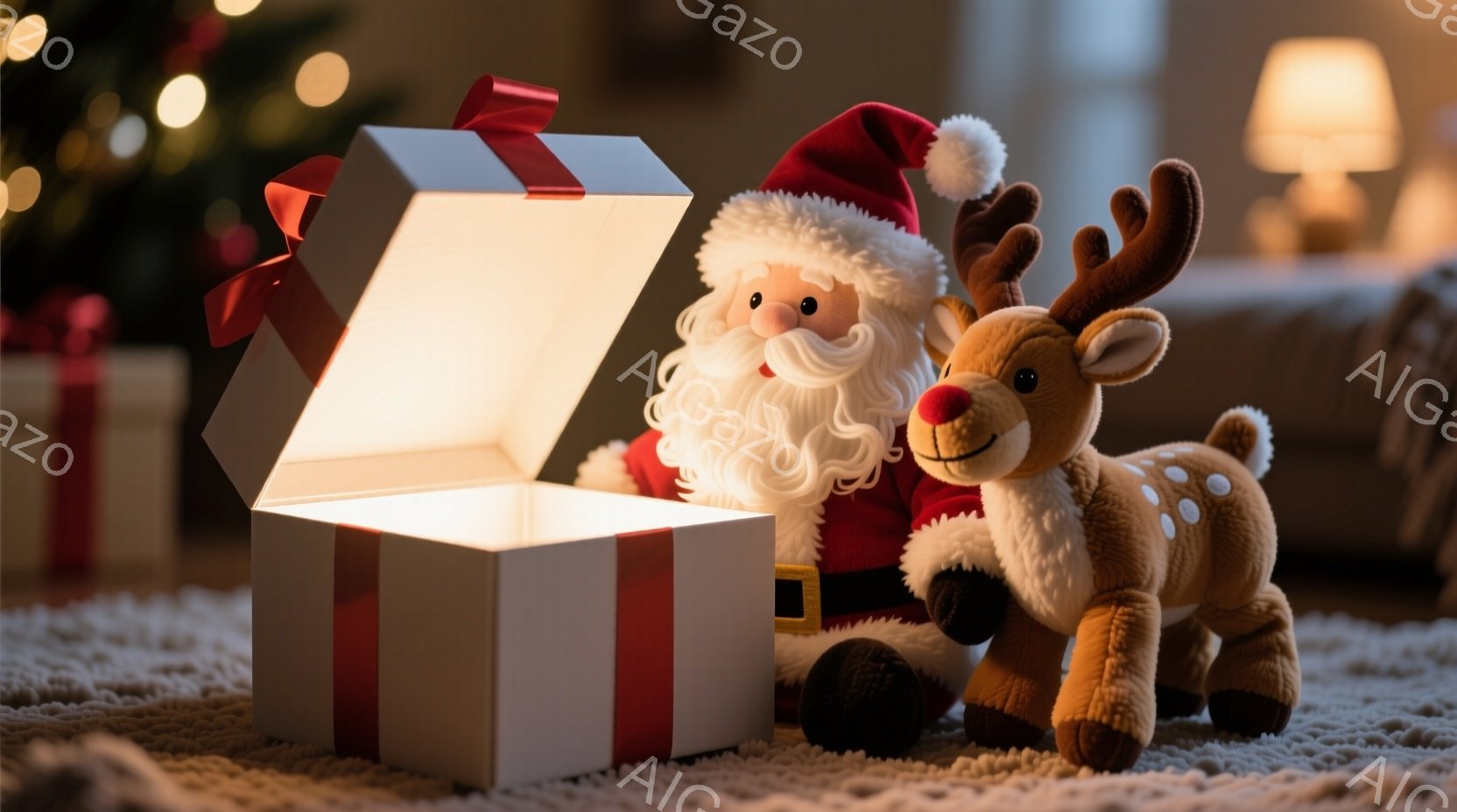 白いギフトボックスからサンタクロースのぬいぐるみとトナカイのぬいぐるみが顔を出しています。サンタクロースは赤い衣装と白いひげ、陽気な笑顔をしています。背景にはぼやけたクリスマスツリーと暖色の照明があり - AI生成フリー素材