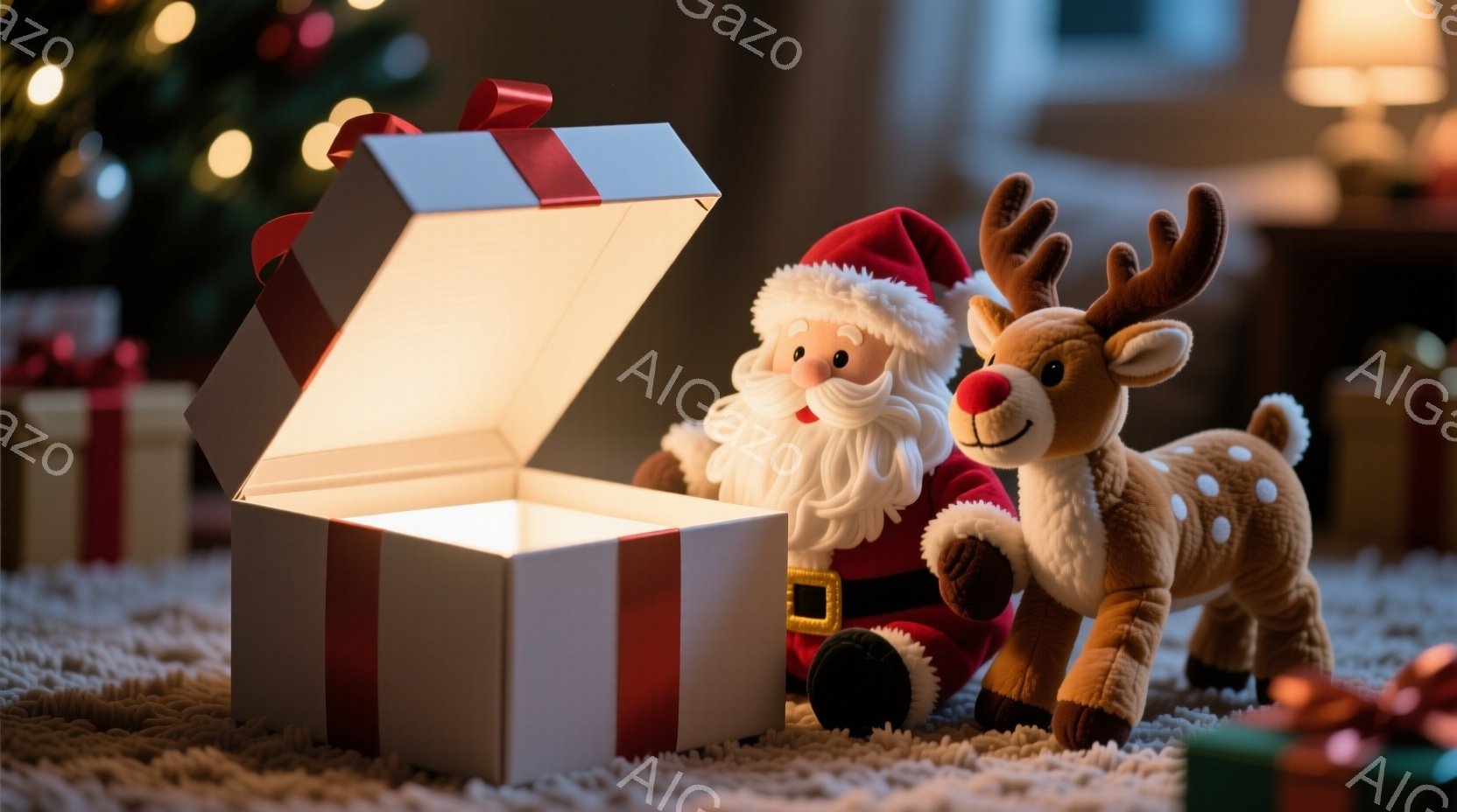 白いギフトボックスから顔を出したサンタクロースのぬいぐるみと、隣に立つトナカイのぬいぐるみを写しています。サンタは赤い帽子と服を着ていて、笑顔で明るい表情です。背景にはぼやけたクリスマスツリーやギフト - AI生成フリー素材