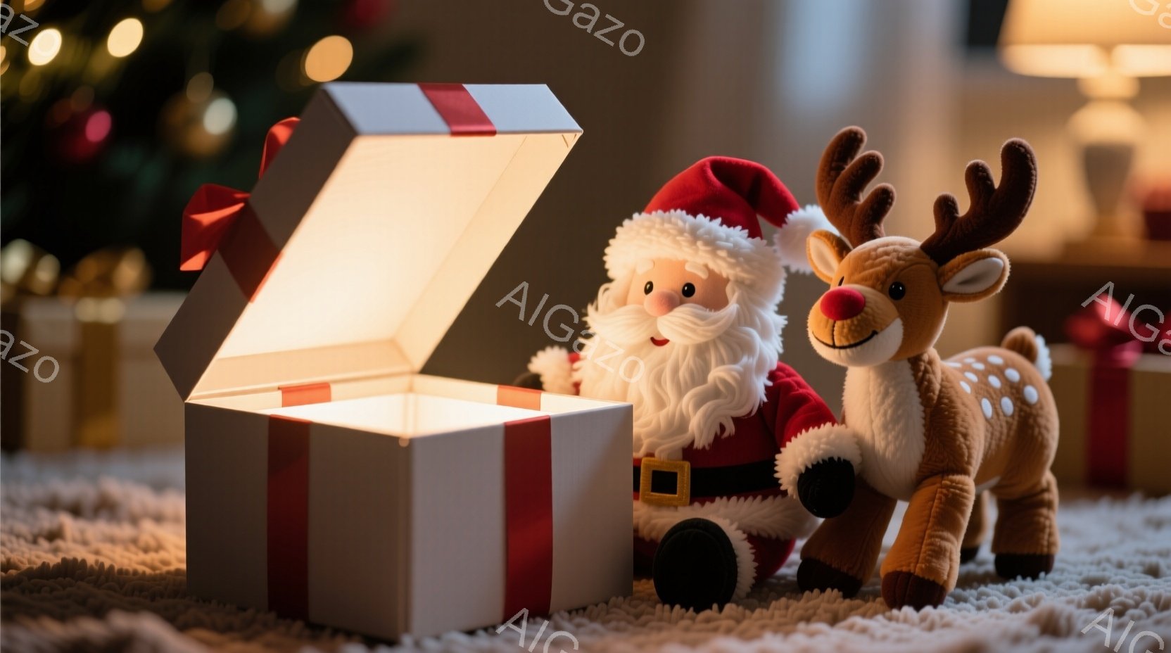 ぬいぐるみであるサンタクロースが、開いた白いギフトボックスの中から顔を出しています。赤い帽子とスーツを着て、白いひげを蓄えたサンタは、笑顔で正面を見つめています。ギフトボックスの隣には、角のある茶色の - AI生成フリー素材
