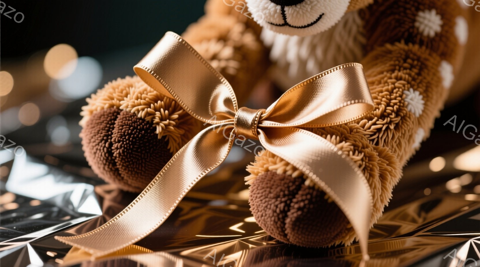 鮮やかな光沢のある背景に、茶色いテディベアが配置されています。ベアは明るい金色のリボンで飾られており、可愛らしい印象を与えています。背景は幾何学模様で、光の反射が美しく、お祝いやギフトの雰囲気を醸し出しています。