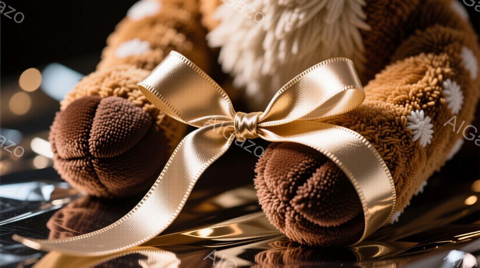 ぬいぐるみのお尻と足の部分が写っており、茶色とクリーム色のふさふさとした毛並みが特徴的です。足には白い花のような装飾が施され、リボンが結ばれています。背景は黒い反射面で、ぼやけた光のぼかしが見られ、全体的に柔らかく温かい雰囲気を醸し出しています。