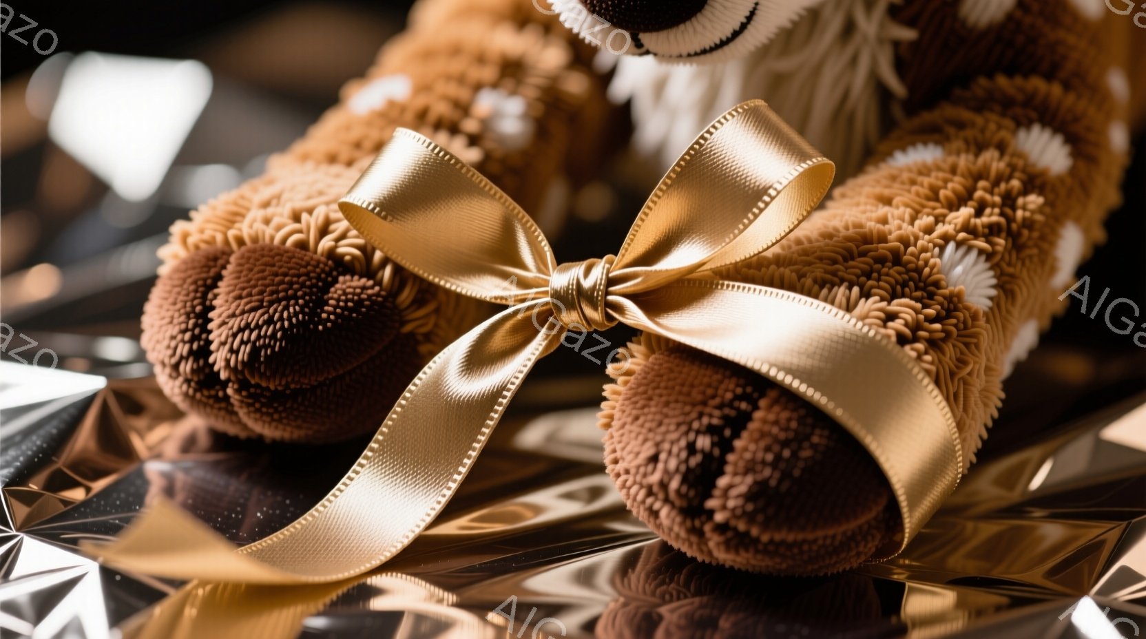 鮮やかな金色のリボンが、茶色いテディベアの足に結ばれています。ベアの足はふっくらとしていて、金色の背景が反射してキラキラと輝いています。全体的に暖かく、華やかで、贈り物のような雰囲気が漂っています。 - AI生成フリー素材