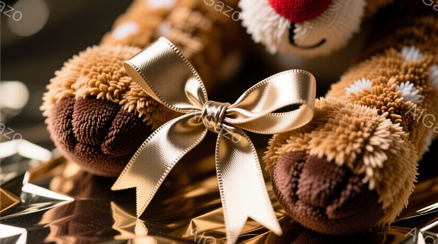 毛羽立ったテクスチャのテディベアが複数、金色のリボンで飾られたギフトのような状態で写っています。背景には、キラキラした金色の紙が敷かれ、お祝いの雰囲気を醸し出しています。全体的に温かく、優しい印象で、ギフトや特別な日のイメージを喚起させます。