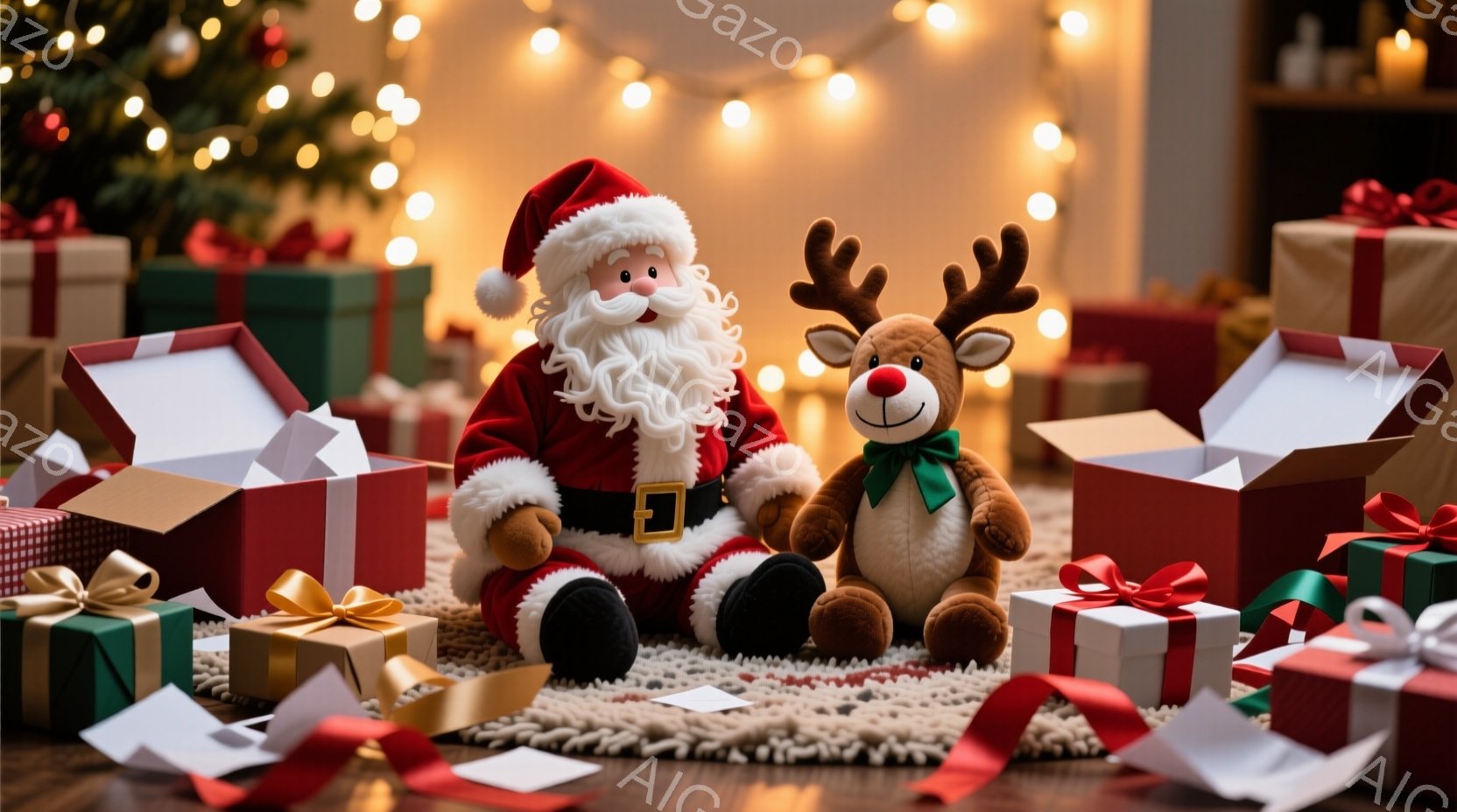 ふわふわの毛皮のサンタクロースのぬいぐるみと、可愛らしいトナカイのぬいぐるみが、プレゼントの箱に囲まれて座っています。背景には、ぼやけたクリスマスツリーとキラキラと光る電飾があり、プレゼントの箱は赤、 - AI生成フリー素材
