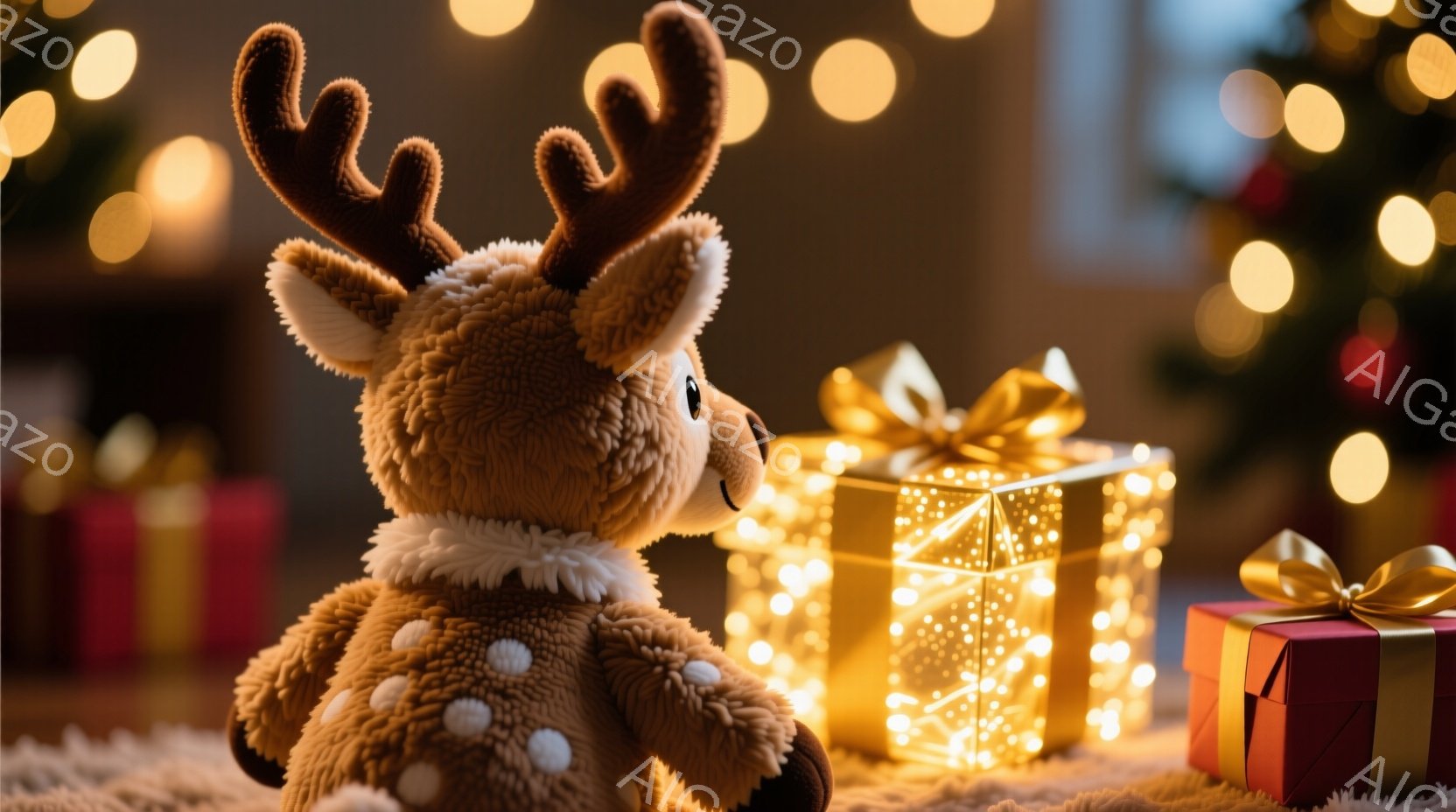 柔らかい茶色の毛並みを持つ、愛らしい子鹿のぬいぐるみは、白い襟を付けています。背景には、温かい光を放つプレゼントボックスと、ぼやけたクリスマスツリーのライトが散りばめられています。全体的に温かく、お祝いの雰囲気が漂い、特別な日の喜びが感じられます。