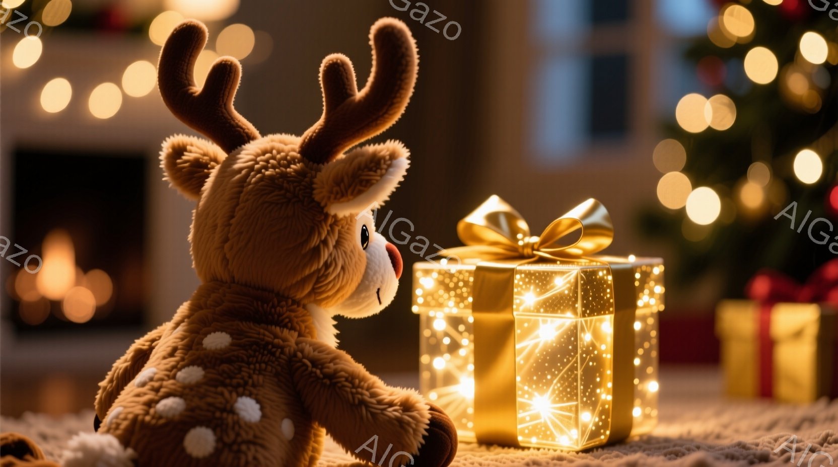 ふわふわの茶色のシカのぬいぐるみは、白い水玉模様があり、左を向いています。光り輝く金のギフトボックスがシカの隣に置かれており、背景にはぼやけたクリスマスツリーと暖炉の光が見えます。全体的に暖かく、お祝 - AI生成フリー素材