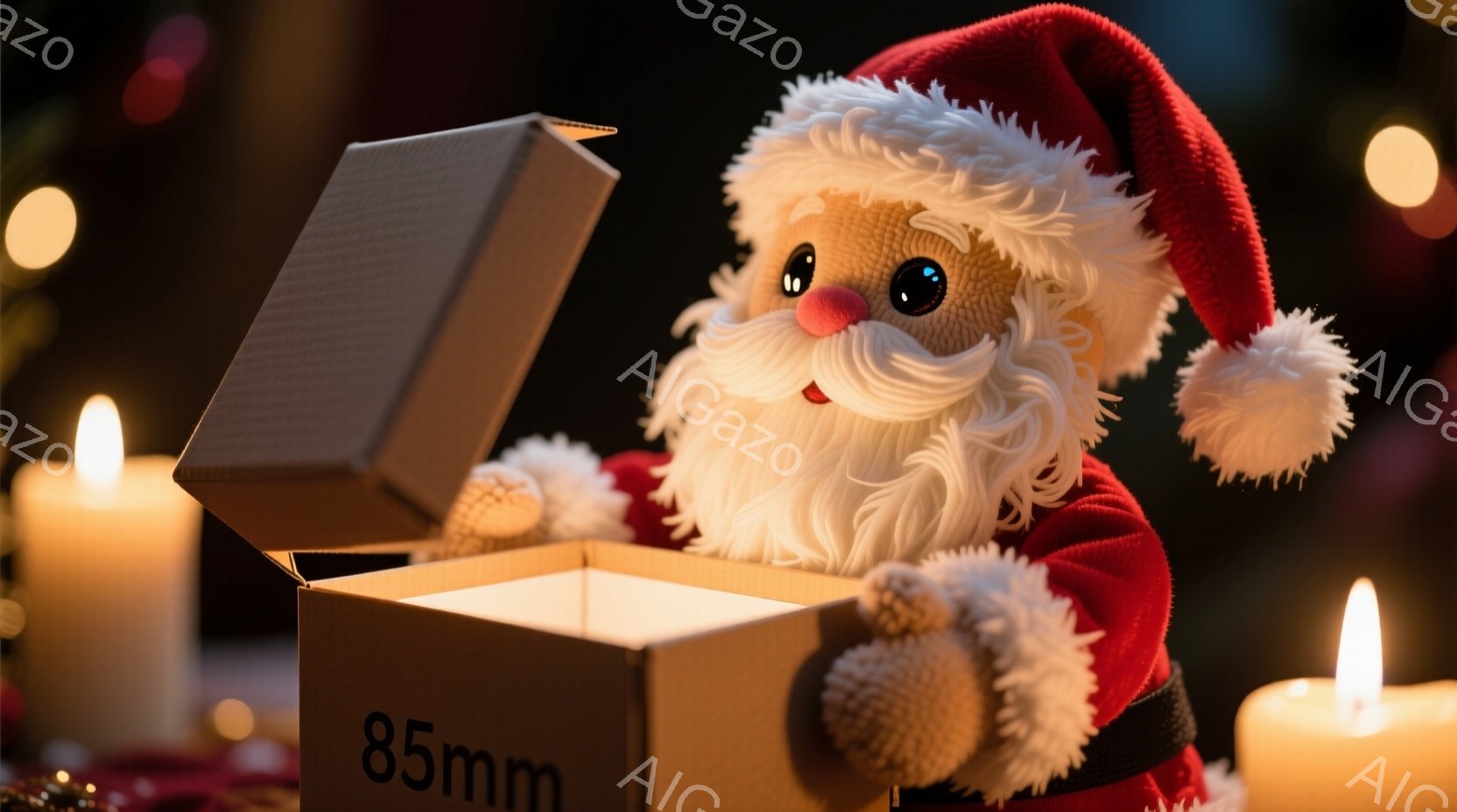 赤い衣装を着たサンタクロースの人形が、開いた箱から顔を出しています。人形は白いひげと柔らかな笑顔で、温かい雰囲気を醸し出しています。背景にはぼやけたキャンドルの光と、きらめく光のぼかしがあり、お祝いの - AI生成フリー素材