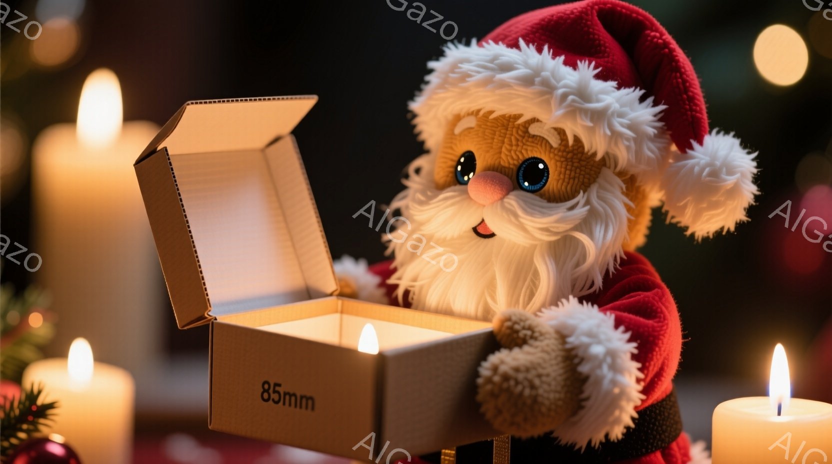 ふわふわのサンタクロースの人形が、開いた段ボール箱を覗き込んでいます。人形は赤い帽子とコートを着ており、白いひげと優しい表情をしています。背景にはぼやけたキャンドルとクリスマスツリーの飾りが見え、温かく幻想的な雰囲気を醸し出しています。