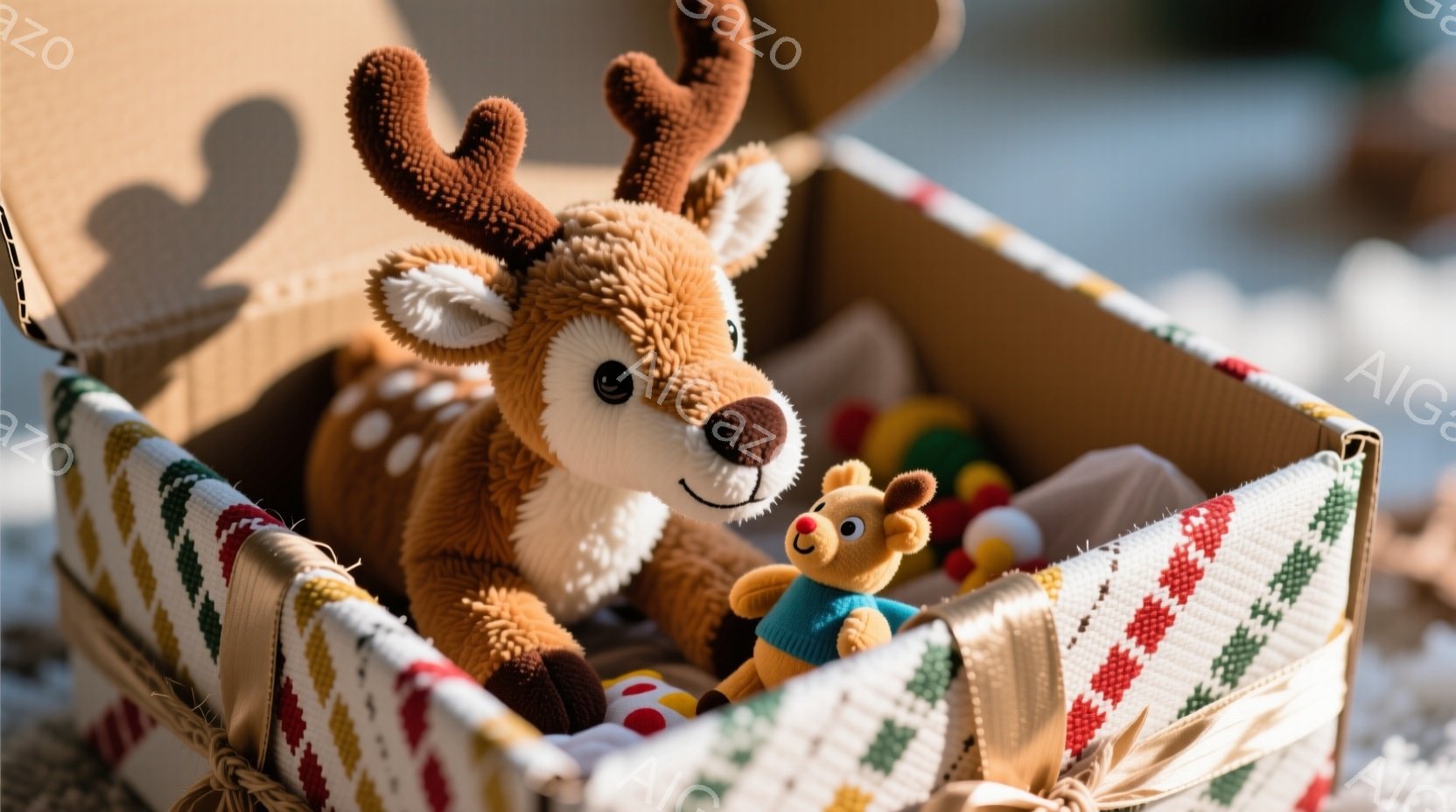 箱の中に、ふわふわの茶色のトナカイのぬいぐるみと、小さな緑色のセーターを着たトナカイのミニチュアがいます。箱の内側はクリスマス風の柄で飾られ、他のぬいぐるみや赤いボールなども一緒に詰め込まれています。 - AI生成フリー素材