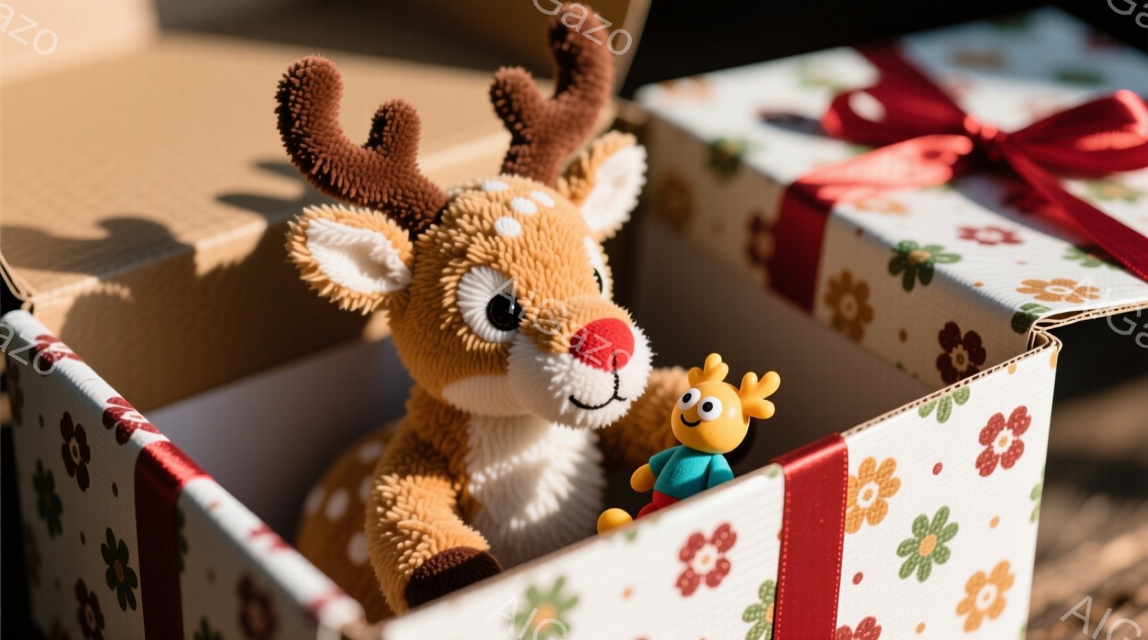 ぬいぐるみのアラ鹿と黄色い鳥のおもちゃが、花柄のリボンで飾られた段ボール箱の中にいます。アラ鹿はふわふわの茶色の毛並みで、大きな目と赤い鼻が特徴的です。背景は自然光に照らされた屋外で、箱は地面に置かれています。