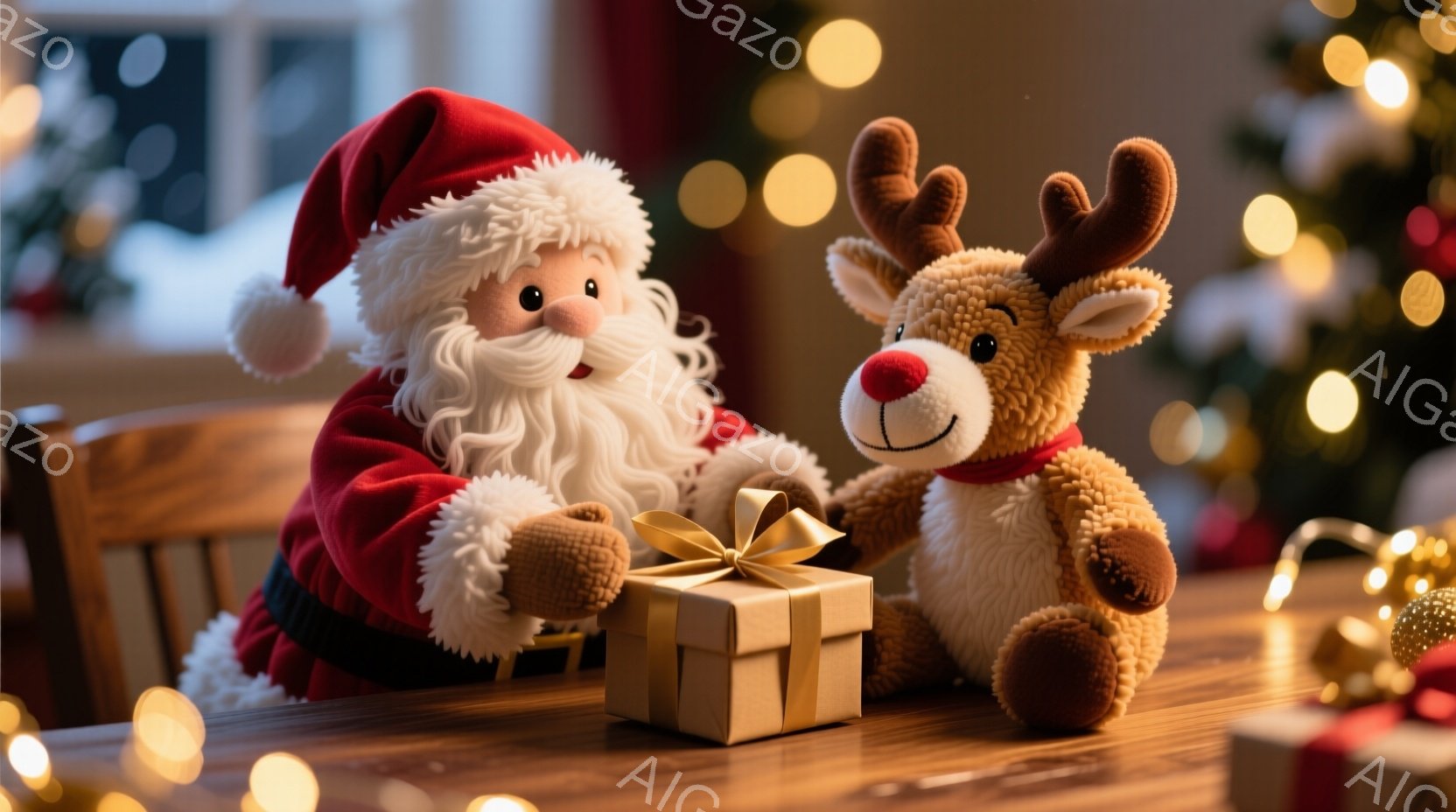 サンタクロースの人形が赤い衣装を着て、白いひげと髪で、プレゼントの箱の横に座っています。隣には、赤い鼻と角を持つトナカイのぬいぐるみがいて、どちらも温かい笑顔を浮かべています。背景にはぼやけたクリスマ - AI生成フリー素材