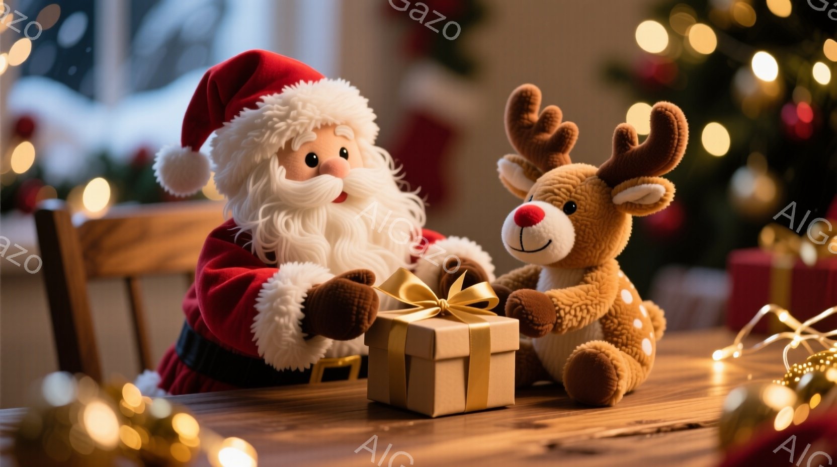 サンタクロースは赤い衣装と白い髭を蓄え、笑顔でプレゼントの箱を見つめています。そばには茶色の可愛いトナカイのぬいぐるみが寄り添い、温かい雰囲気が漂っています。背景にはぼやけたクリスマスツリーと、輝くイ - AI生成フリー素材