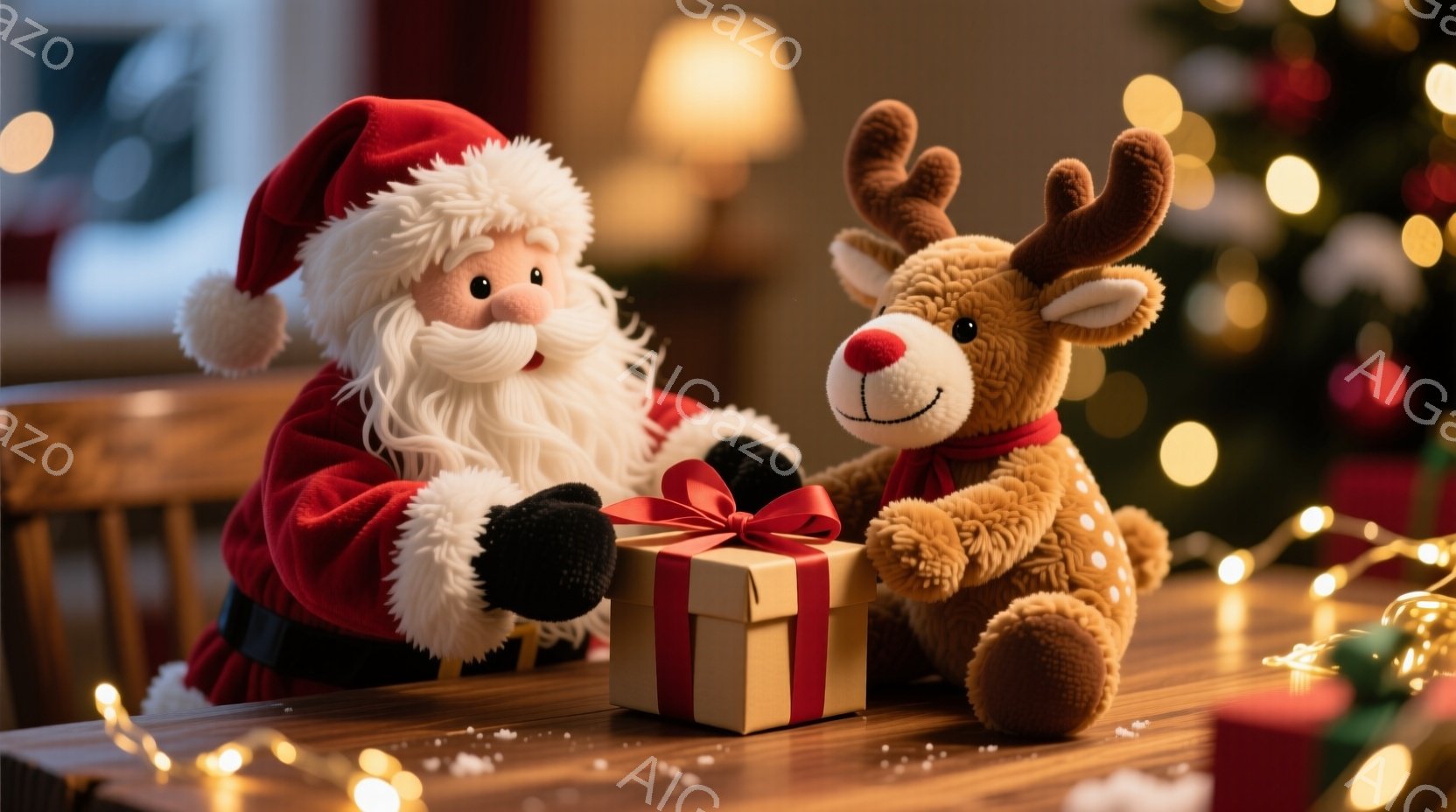 暖炉のそばの木製のテーブルの上に、サンタクロースの人形とトナカイのぬいぐるみが座っています。サンタクロースは赤い服を着て、白いひげを生やし、プレゼントの箱を見つめています。背景にはぼやけたクリスマスツ - AI生成フリー素材