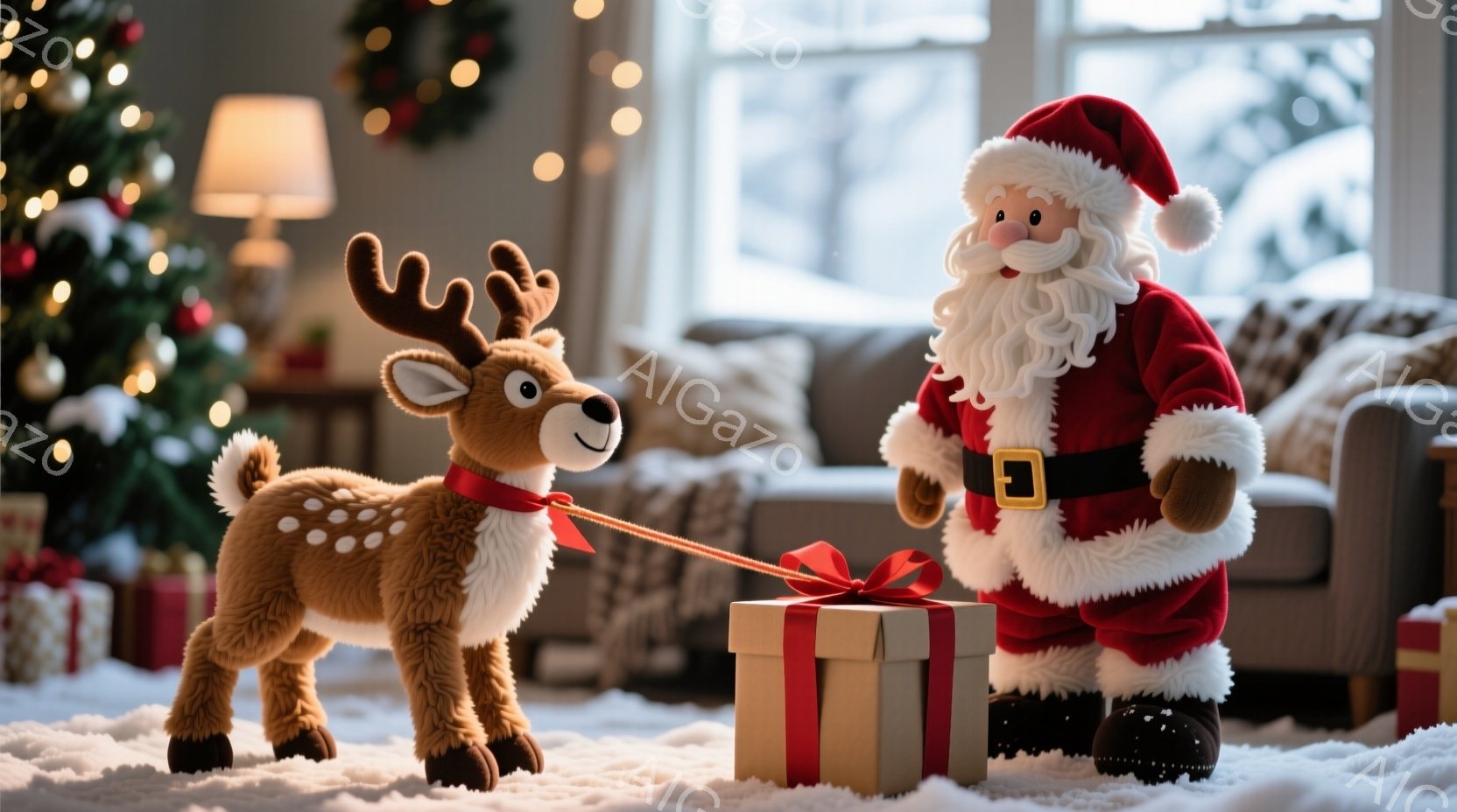 暖炉のあるリビングルームで、サンタクロースがプレゼントの箱の前に立っています。彼は赤い衣装と帽子を身につけ、白いひげを生やしており、にっこりと微笑んでいます。背景にはクリスマスツリーが飾られ、雪が降る冬の景色が見えます。