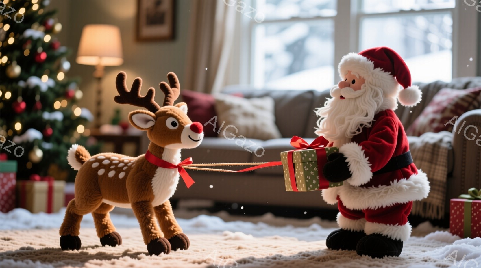 暖炉のあるリビングルームで、サンタクロースがプレゼントを抱え、トナカイの人形に赤いリボンを結び付けています。サンタクロースは赤い衣装と白いひげ、笑顔で、トナカイは愛らしい表情で立っています。背景にはクリスマスツリーやプレゼントの箱が見え、暖かく幸せなクリスマスの雰囲気が漂っています。