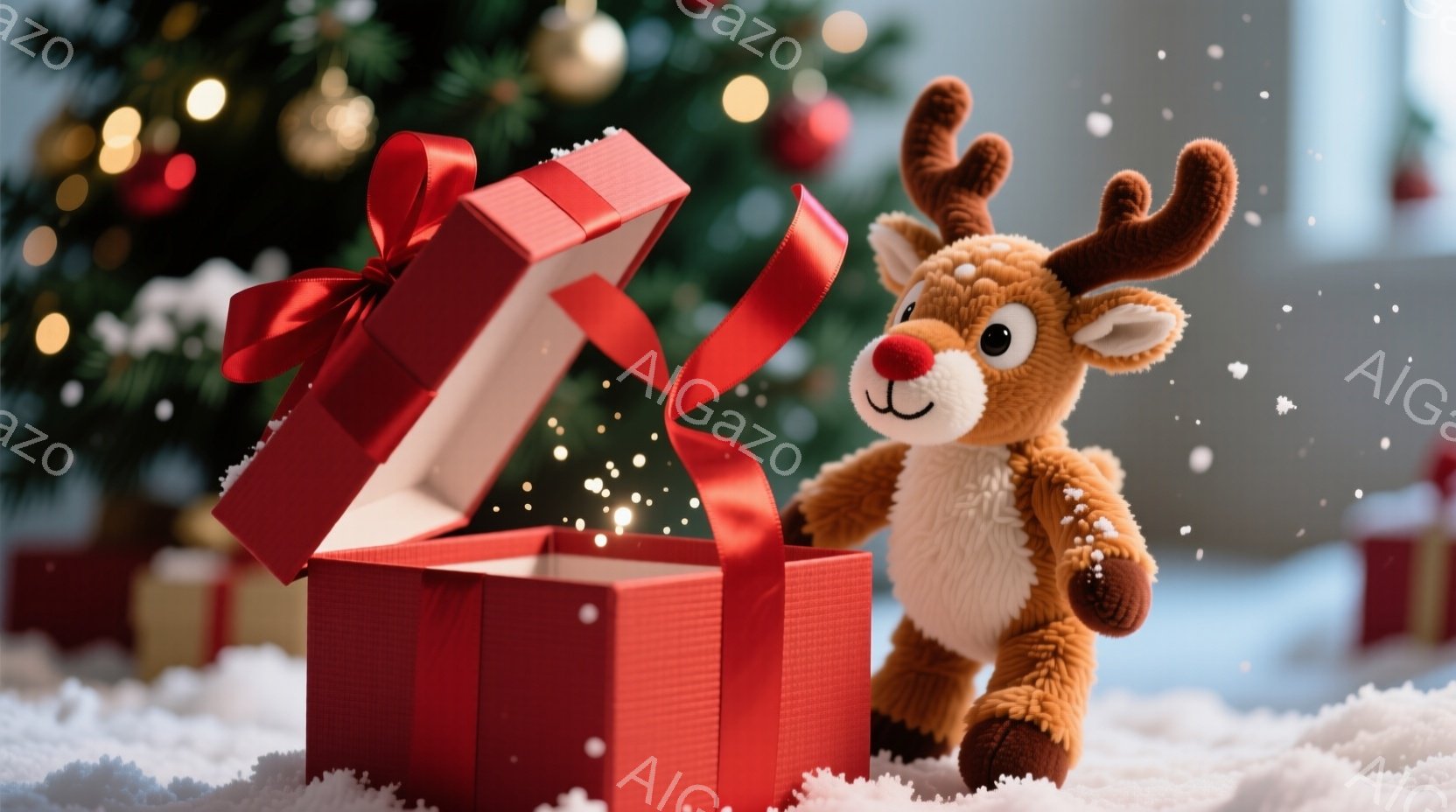 鮮やかな赤いギフトボックスから、愛らしいトナカイのぬいぐるみが出てきています。トナカイは白い毛並みで、大きな角とつややかな鼻を持ち、まるで飛び出してきたかのように雪の中に立っています。背景にはぼんやり - AI生成フリー素材