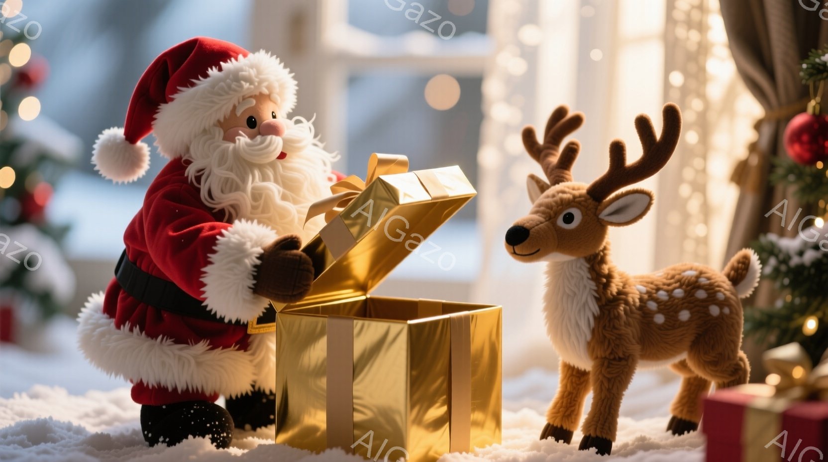 サンタクロースは赤い衣装と白いひげ、帽子を身に着けており、金色の大きなプレゼントの箱を開けようとしています。隣には、茶色の愛らしいトナカイの人形が立っており、プレゼントを見つめています。背景にはクリスマスツリーや飾り、雪景色が見え、温かく幻想的なクリスマスの雰囲気が漂っています。