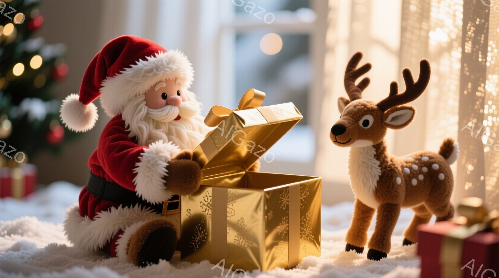 ふわふわの赤い衣装を着たサンタクロースが、金色のプレゼントボックスを開けようとしています。白いひげと笑顔が特徴的で、温かい雰囲気を醸し出しています。背景にはクリスマスツリーの光が輝き、白い雪の上に置か - AI生成フリー素材
