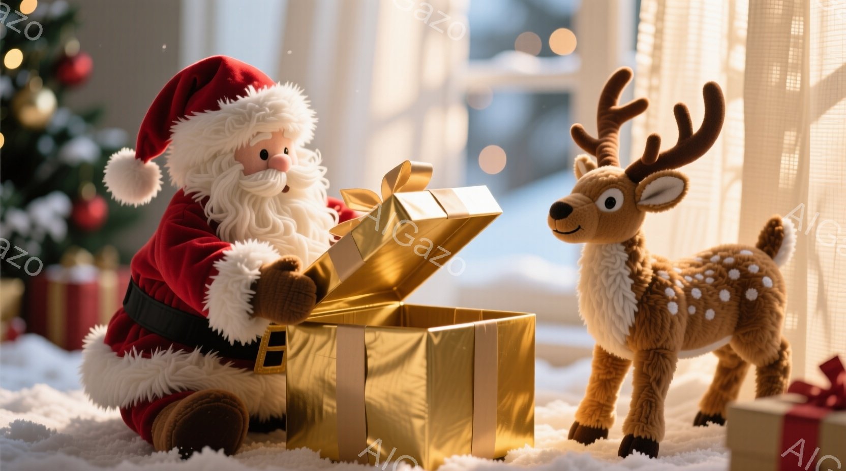 サンタクロースは赤いスーツと白い毛皮のトリムを身に着け、白いひげを生やしています。彼は金のギフトボックスを開けようとしており、右隣には可愛らしい斑点の鹿の人形が立っています。背景にはぼやけた雪景色と、わずかに見えるクリスマスツリーの飾りがあり、温かくお祝いの雰囲気を作り出しています。