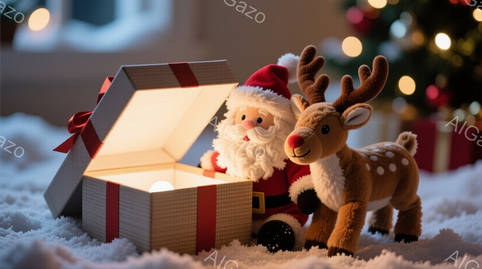 雪の上に置かれた開いたギフトボックスの中に、サンタクロースの人形が座っています。サンタクロースは赤い帽子と服を着ており、白いひげと笑顔を浮かべています。ギフトボックスの隣には、角のある可愛いトナカイの - AI生成フリー素材