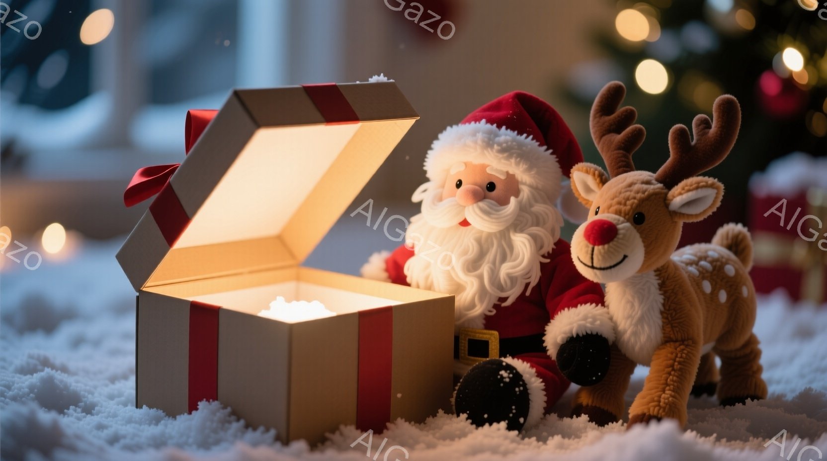 白い雪の上に、赤い衣装を着たサンタクロースの人形と茶色のトナカイのぬいぐるみが置かれています。サンタクロースは箱の中から顔を出し、笑顔を浮かべており、トナカイは横に立って、少し控えめな表情をしています - AI生成フリー素材