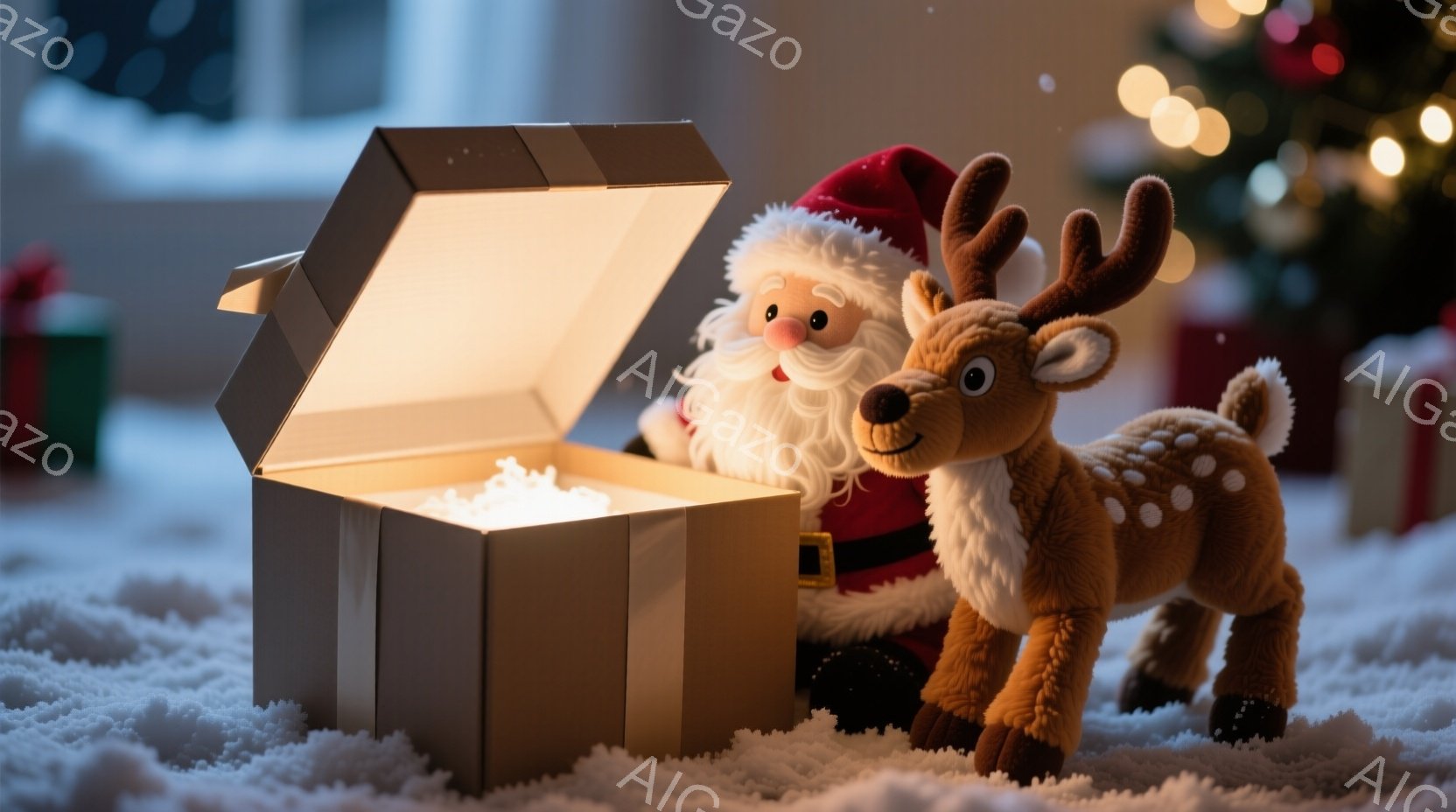 毛並みの良い茶色のトナカイのぬいぐるみと、赤い帽子と服を着たサンタクロースのぬいぐるみが雪の上に並んでいる。サンタクロースは開いた箱の中から顔を覗かせ、トナカイは箱の隣に立ち、微笑んでいるように見える - AI生成フリー素材