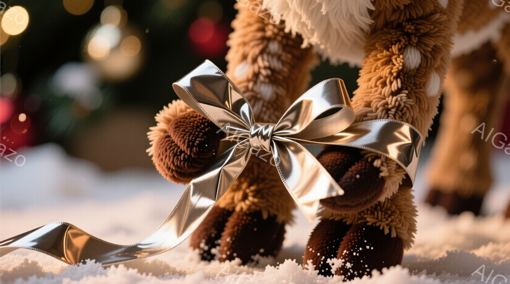 暖かな茶色の毛並みを持つテディベアの足元が、白い雪の上に写っている。足には茶色の靴下のようなものが履かれ、首には銀色のリボンが上品に結ばれている。背景にはぼやけた緑色のクリスマスツリーが見え、穏やかで - AI生成フリー素材