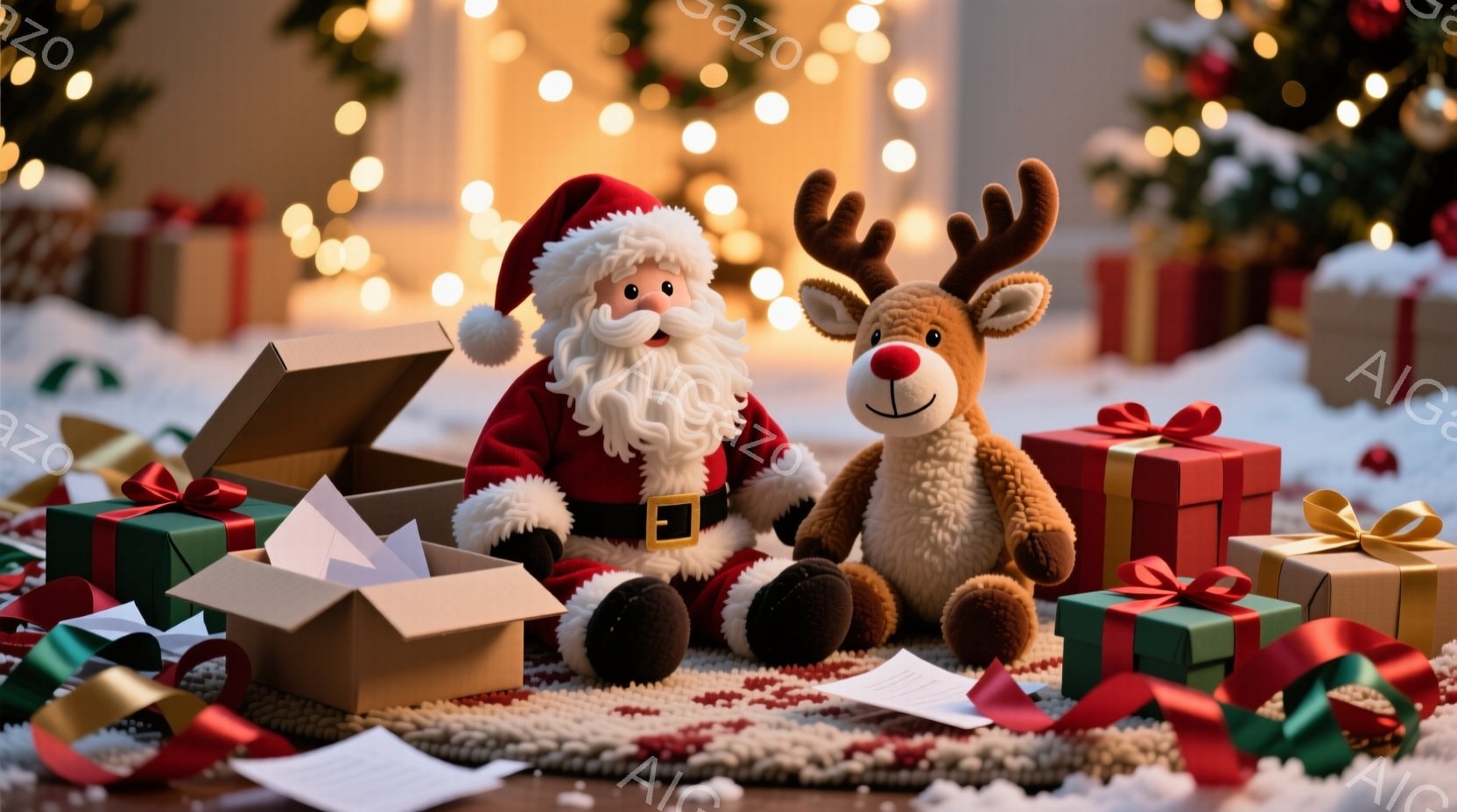 ぬいぐるみのようなサンタクロースが、開いたプレゼントの箱の横に座っており、隣にはトナカイのぬいぐるみがあります。 背景にはクリスマスツリーがぼやけて見え、たくさんのプレゼントが散らばり、まるでプレゼン - AI生成フリー素材