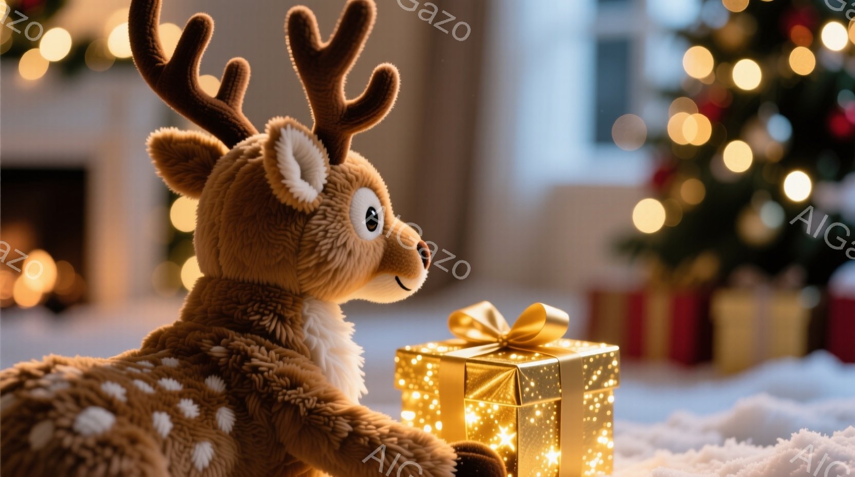 ふわふわの茶色の斑点模様のトナカイのぬいぐるみは、金色のリボンで飾られた、光り輝く立方体のプレゼントの隣に座っています。背景には、ぼやけたクリスマスツリーと暖炉が見え、キラキラと光る暖かい光が全体を包 - AI生成フリー素材