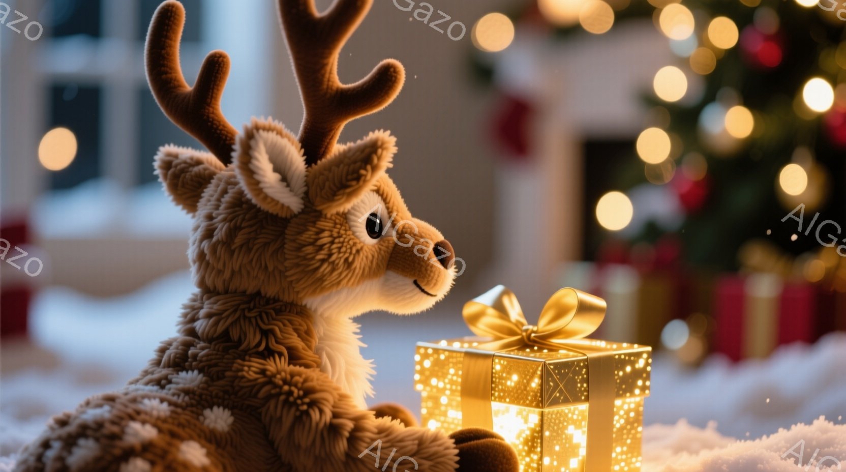 ふわふわの茶色のトナカイのぬいぐるみは、雪の上に座って輝く立方体のプレゼントボックスを見つめています。プレゼントボックスは金色のリボンで飾られ、内部から暖かい光を放っています。背景にはぼやけたクリスマスツリーと、暖かくお祝いムードの漂うホリデーシーズンが感じられます。