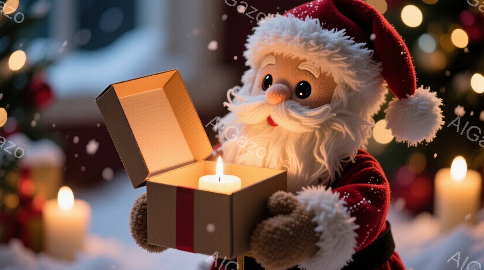 暖炉の光が柔らかく照らす中、毛糸で作られたサンタクロースの人形が、開いた箱の中に灯されたキャンドルを見つめています。サンタクロースは赤い衣装をまとい、ふさふさの白いひげと優しい表情が印象的です。背景にはぼやけたクリスマスツリーと他のキャンドルの光があり、温かく穏やかなクリスマスの雰囲気を醸し出しています。