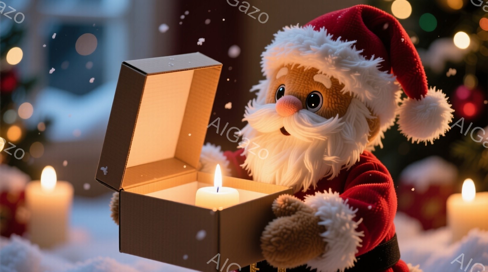 毛むくじゃらのサンタクロースの人形が、開いた段ボール箱の中の灯りのついたキャンドルを見つめています。人形は赤い帽子と服を着ており、白いひげと優しい表情をしています。背景にはぼやけたクリスマスツリーとロ - AI生成フリー素材