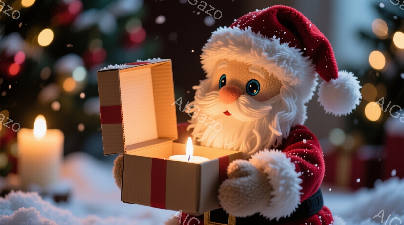 ふわふわの白いひげと笑顔が印象的なサンタクロースの人形が、赤いリボンで飾られた開いた箱を持っています。背景にはぼやけたクリスマスツリーとロウソクの光があり、雪が舞う幻想的な雰囲気を醸し出しています。全 - AI生成フリー素材