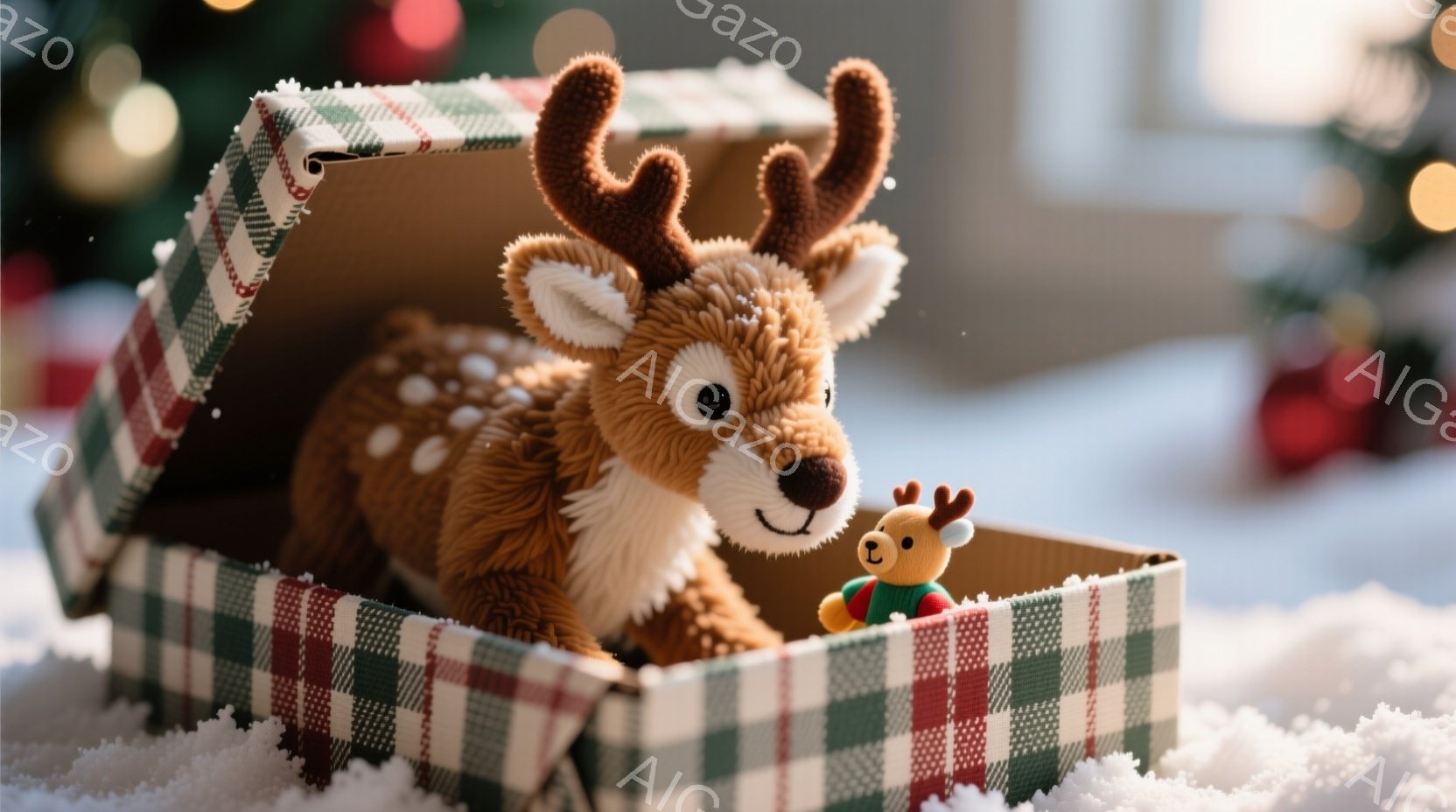 ふわふわの茶色のトナカイのぬいぐるみと、小さな緑色のセーターを着たトナカイのミニチュアが、チェック柄のギフトボックスの中に座っています。周囲には雪が舞い、背景はぼかされたクリスマスの飾りで、温かく穏やかな雰囲気を醸し出しています。ギフトボックスは開いており、中身が暖かく照らされています。