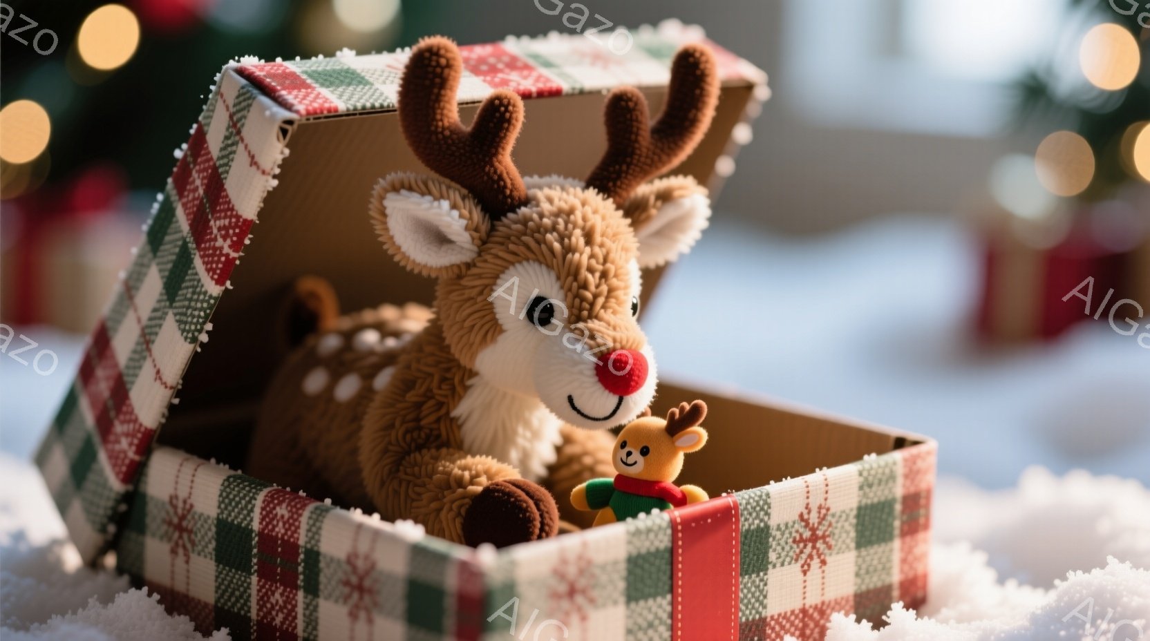 ぬいぐるみ2匹が、赤、緑、白の格子模様のギフトボックスの中から覗いています。大きな鹿のぬいぐるみは茶色と白の毛並みで、小さな子鹿のぬいぐるみは緑の小さなスカーフを巻いています。背景にはぼやけたクリスマスツリーが見え、雪が降っているような白い粒子が散らばっており、暖かく、お祝いの雰囲気が漂っています。
