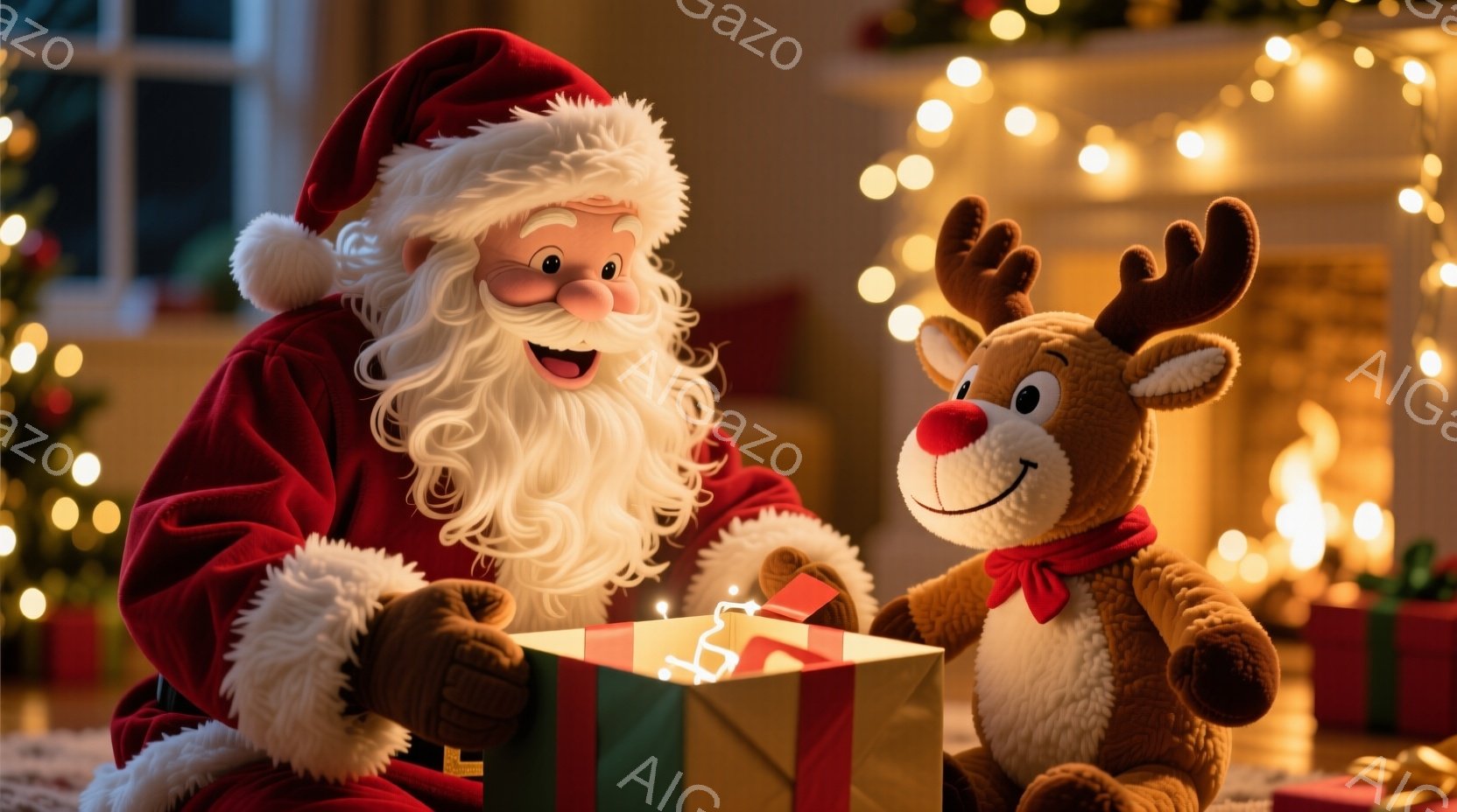 サンタクロースが赤い服と白いひげを蓄え、緑色のプレゼントボックスを開けています。彼は楽しそうな表情で、プレゼントボックスから光が溢れ出しています。背景にはぼやけたクリスマスツリーと、光り輝く電飾があり - AI生成フリー素材