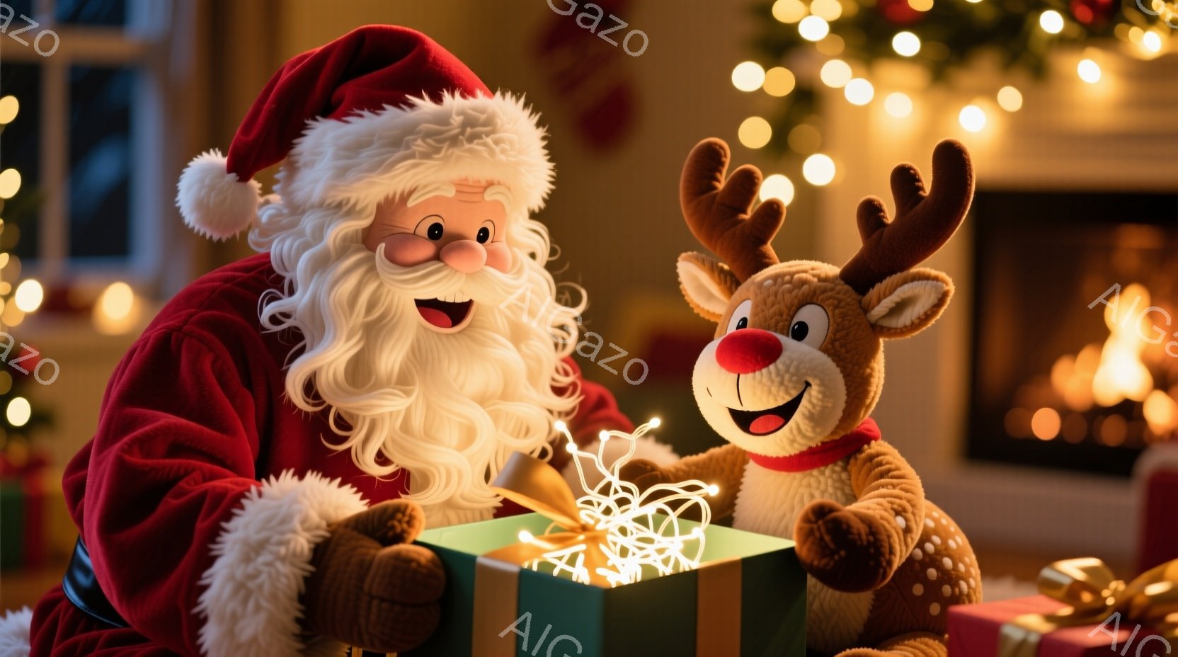 サンタクロースは赤い衣装と白いひげを蓄え、明るい笑顔でぬいぐるみのようなトナカイと箱から光る飾りを取り出しています。トナカイは茶色い毛並みで愛らしい表情をしており、箱の横に座ってサンタクロースを見つめ - AI生成フリー素材