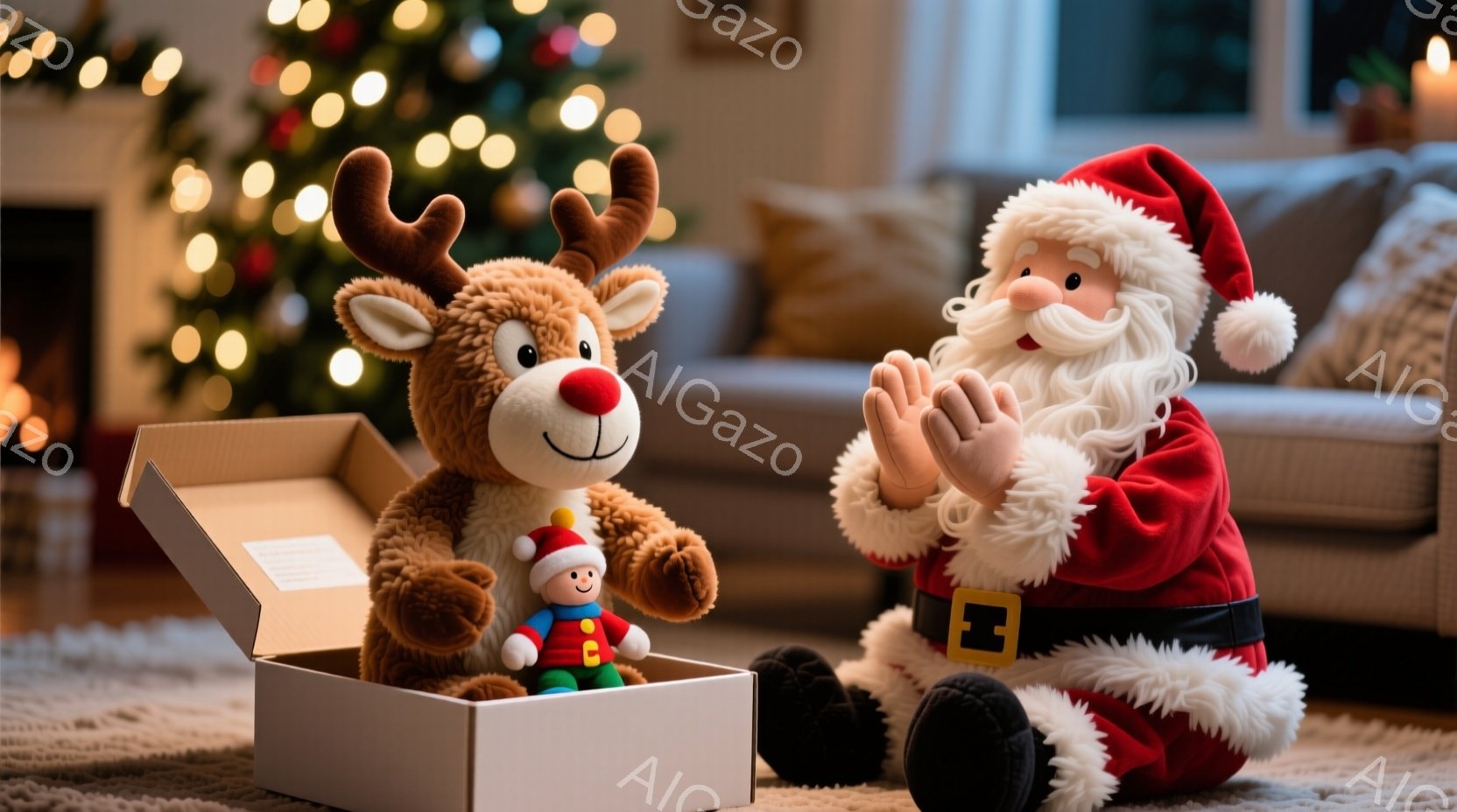サンタクロースが膝を曲げて座り、両手を合わせて喜んでいます。箱の中から、赤い帽子をかぶった小さな人形と、茶色のぬいぐるみ（トナカイ）が顔を覗かせています。背景にはクリスマスツリーが飾られており、温かく - AI生成フリー素材