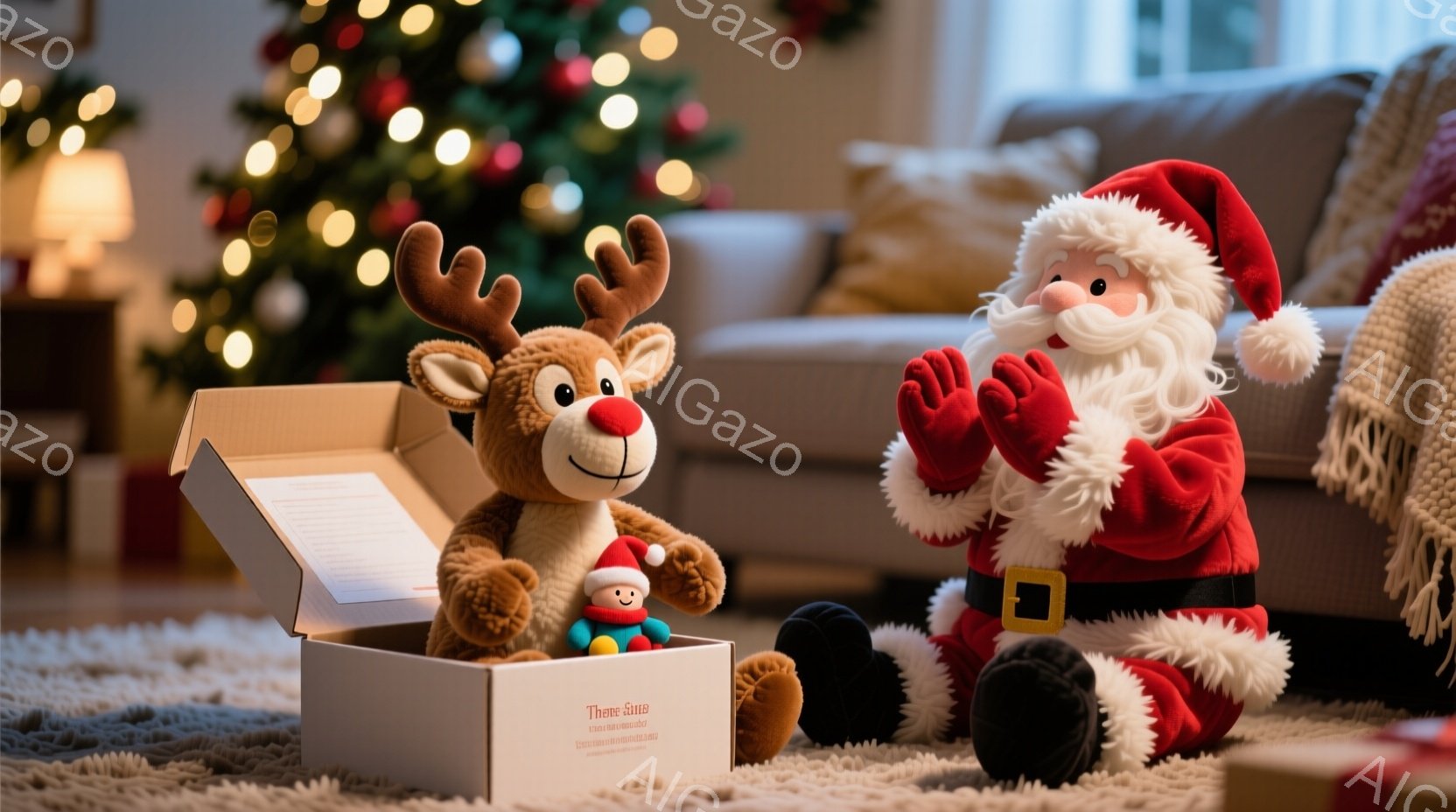 サンタクロースは赤い衣装と白いひげを蓄え、膝を抱えて座っています。彼は嬉しそうな表情で、開いた白い箱の中のトナカイのぬいぐるみを眺めています。背景にはクリスマスツリーが飾られており、部屋全体が温かく、 - AI生成フリー素材