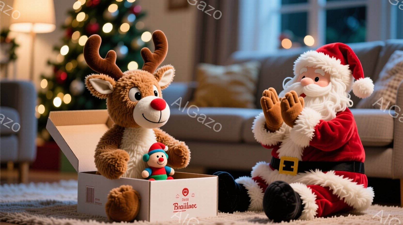 ぬいぐるみのようなトナカイとサンタクロースが部屋の中にいます。サンタクロースは赤いスーツと白い毛皮のトリミングで、笑顔で手をたたいています。背景にはクリスマスツリーがあり、暖かく、お祝いムードの室内空間が広がっています。
