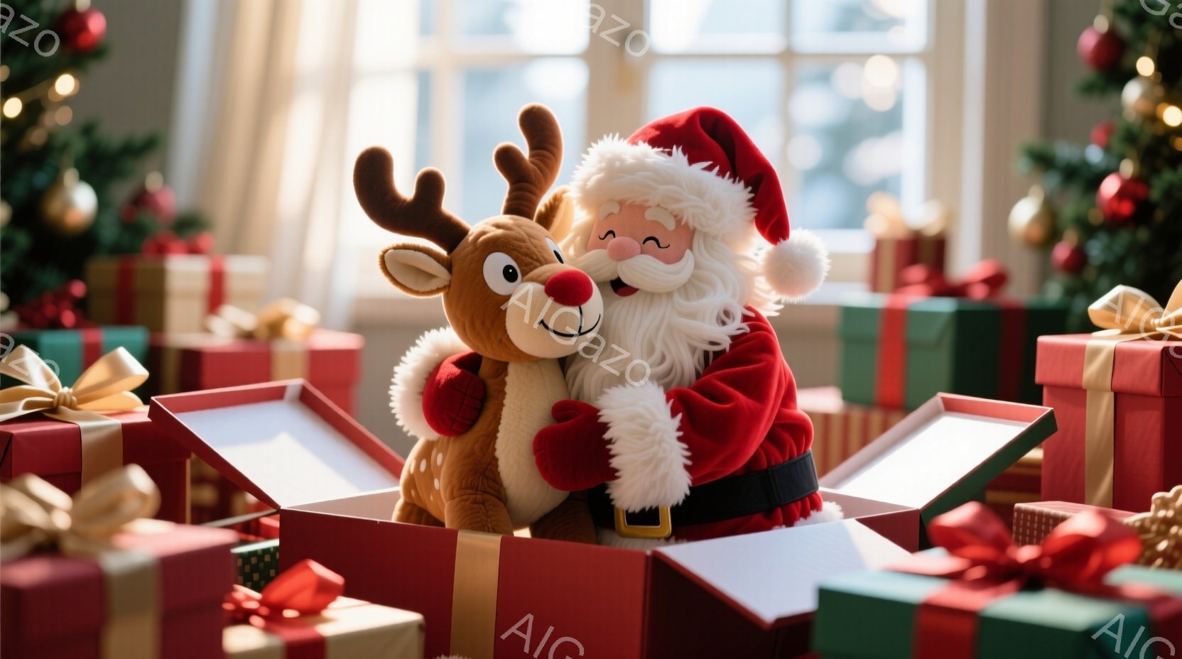 鮮やかな赤いギフトボックスからサンタクロースのぬいぐるみが出てきて、茶色のトナカイのぬいぐるみを抱きしめています。サンタクロースは白いひげと赤い帽子をかぶり、幸せそうな表情をしています。背景には、装飾 - AI生成フリー素材
