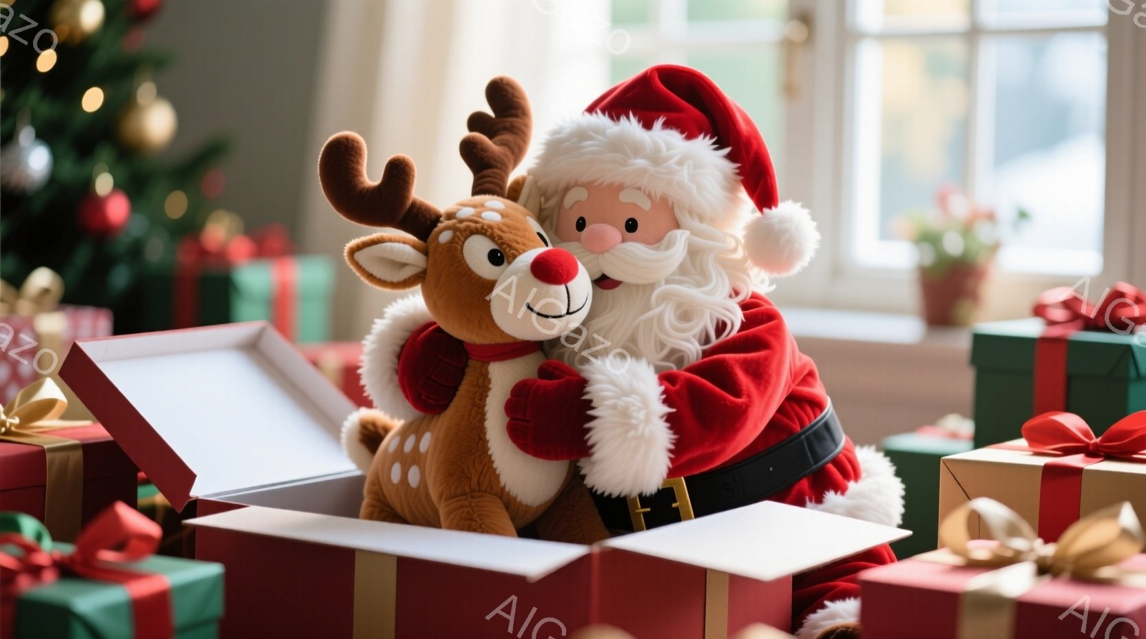 サンタクロースは赤い衣装と白い髭を蓄え、笑顔で茶色のトナカイのぬいぐるみと抱き合っています。彼は赤いギフトボックスの中に座っており、その周りには緑と赤のリボンで飾られたプレゼントの山があります。背景に - AI生成フリー素材
