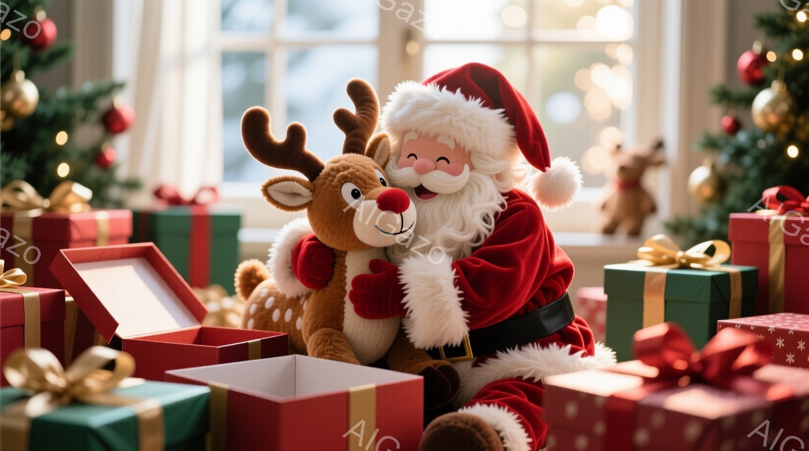 サンタクロースは赤いベルベットの衣装と白い毛皮のトリミング、そして黒いベルトを身に着けています。彼は茶色のぬいぐるみトナカイを抱きしめ、笑顔で楽しそうに見えます。背景には、プレゼントボックス、装飾され - AI生成フリー素材