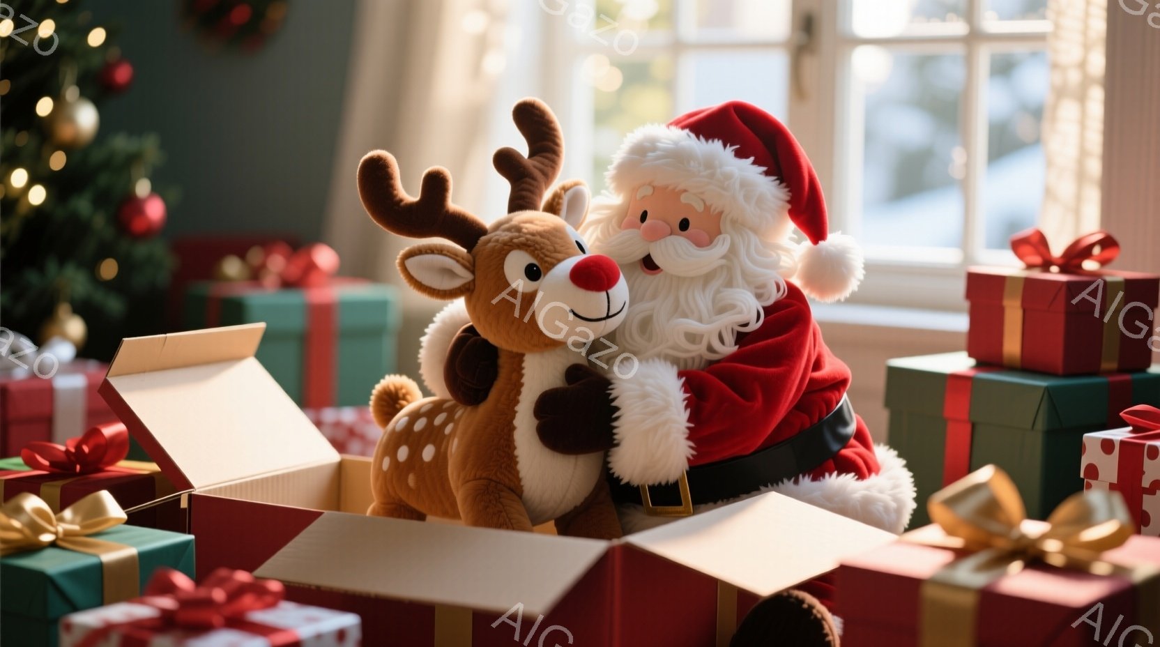 サンタクロースは赤い衣装と白いひげを生やし、ふわふわのトナカイのぬいぐるみを抱きかかえて箱の中に座っています。背景には、緑、赤、金色の包装紙で包まれたプレゼントの山が積み上げられ、クリスマスの雰囲気が - AI生成フリー素材