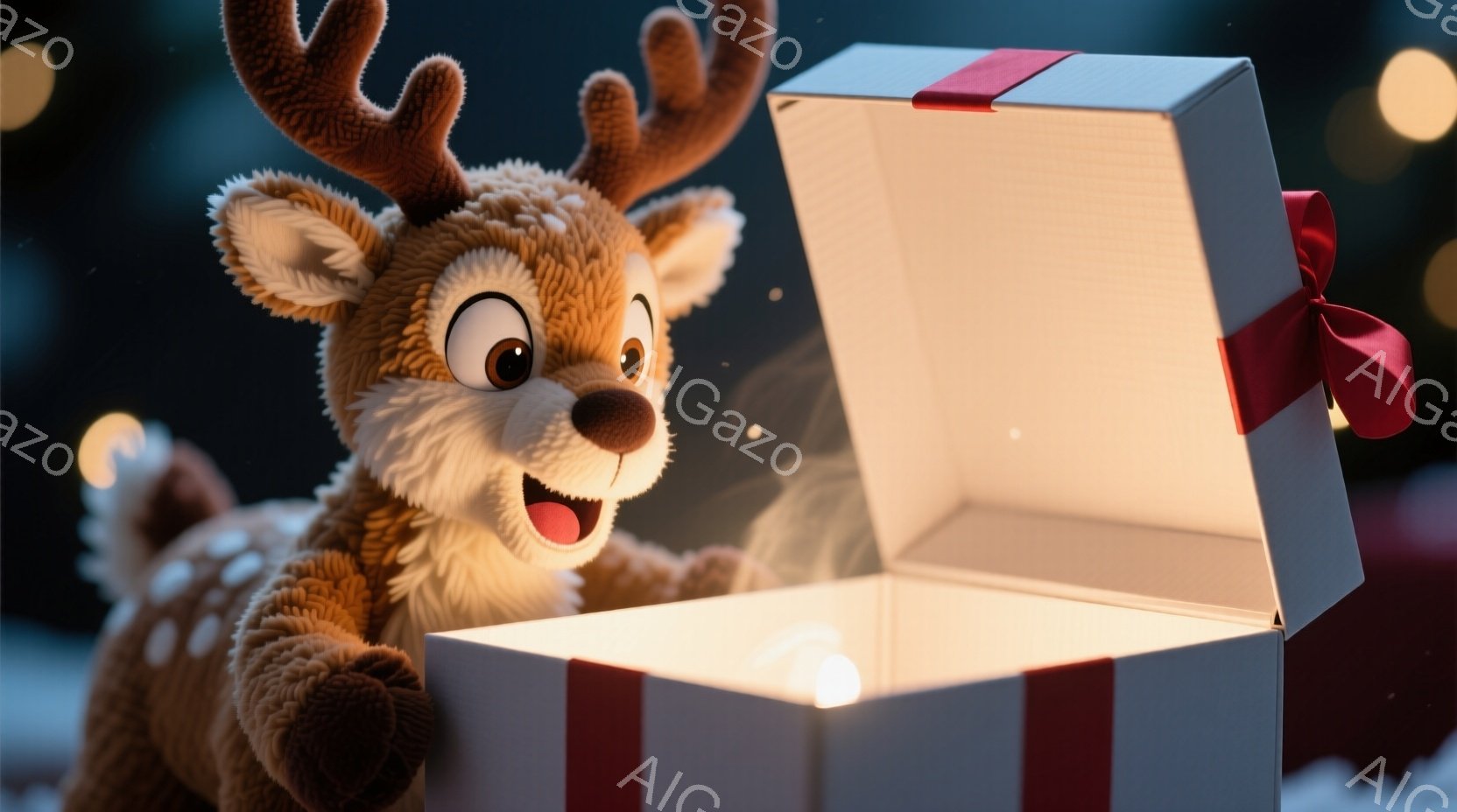 鮮やかな背景にはぼやけた光の玉が散りばめられ、毛並みの優しい鹿のキャラクターが描かれています。鹿は喜びの表情で開いたギフトボックスから顔を出しており、赤いリボンが飾られています。全体的に、温かく、お祝いムードに満ちた雰囲気です。