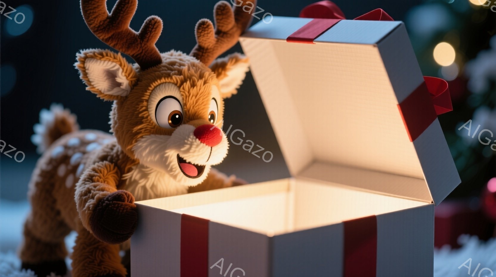 ぬいぐるみのようなトナカイが、開いた白いギフトボックスから顔を出しています。トナカイは明るい笑顔を見せ、赤い鼻が特徴的です。背景にはぼやけた緑のクリスマスツリーと、ぼんやりとした光のぼかしがあり、温かくお祝いムードが漂っています。